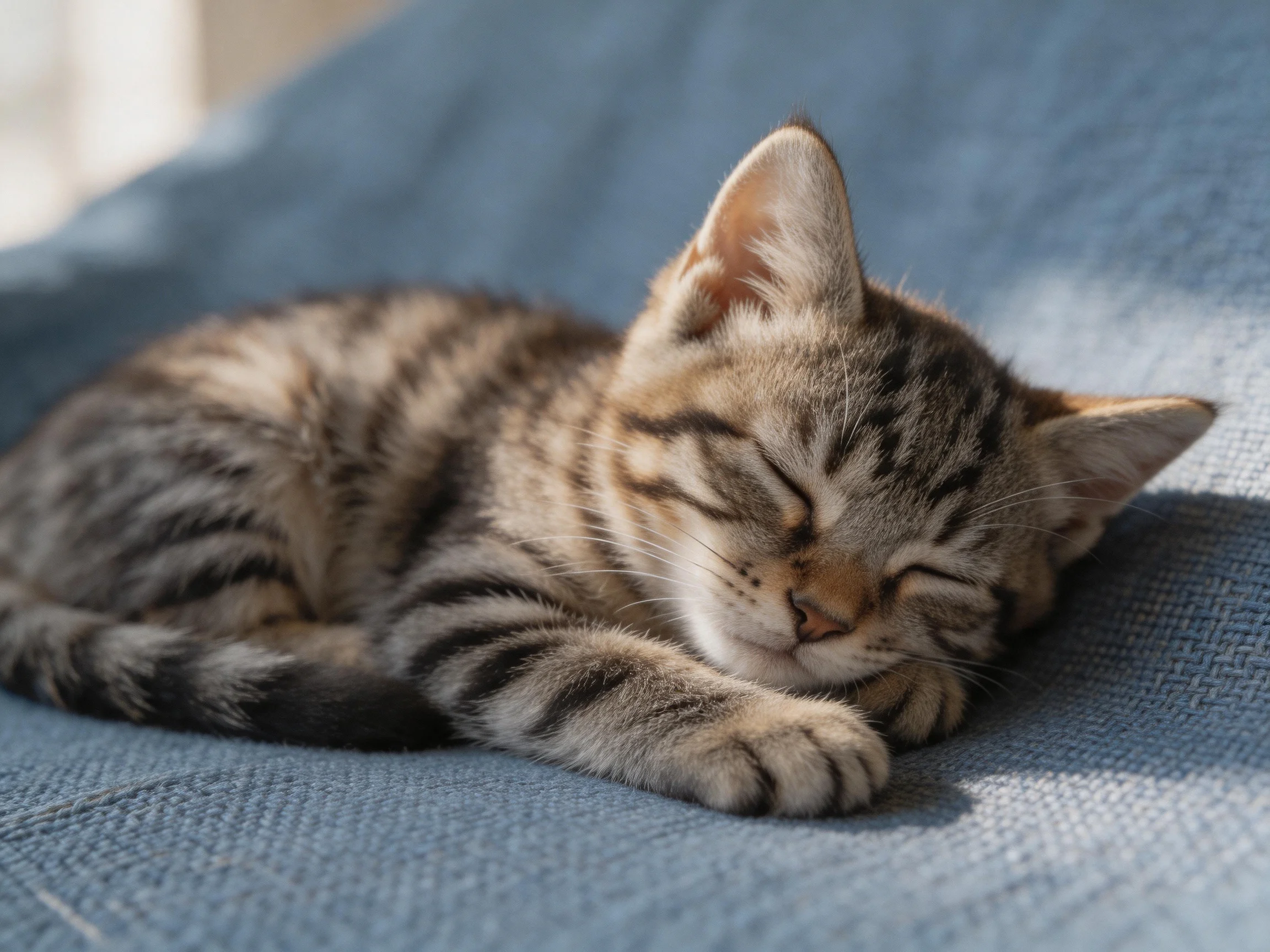 A single tabby kitten rests on a blue fabric surface.