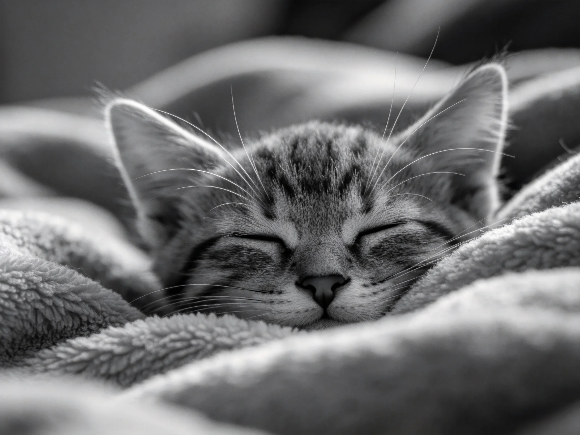 A small tabby kitten sleeps on a soft textured blanket