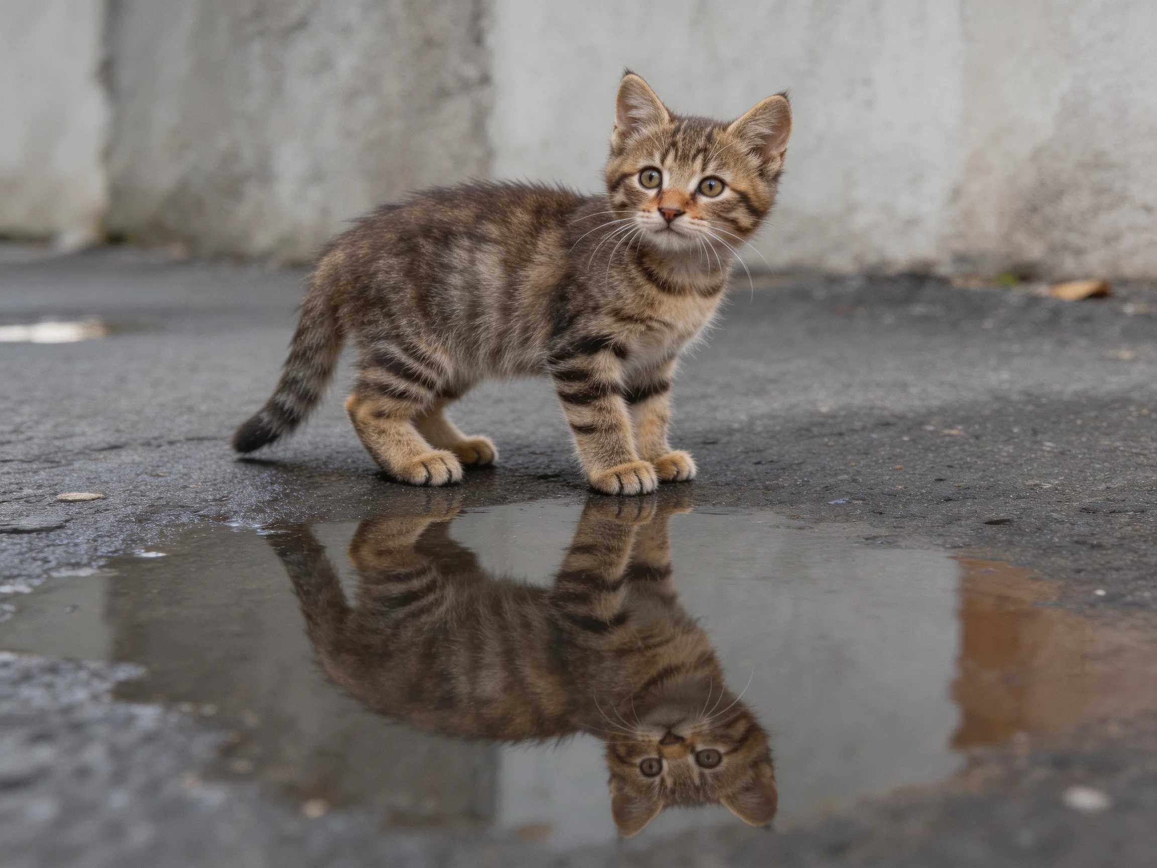A small tabby kitten stands on wet pavement near its reflection.