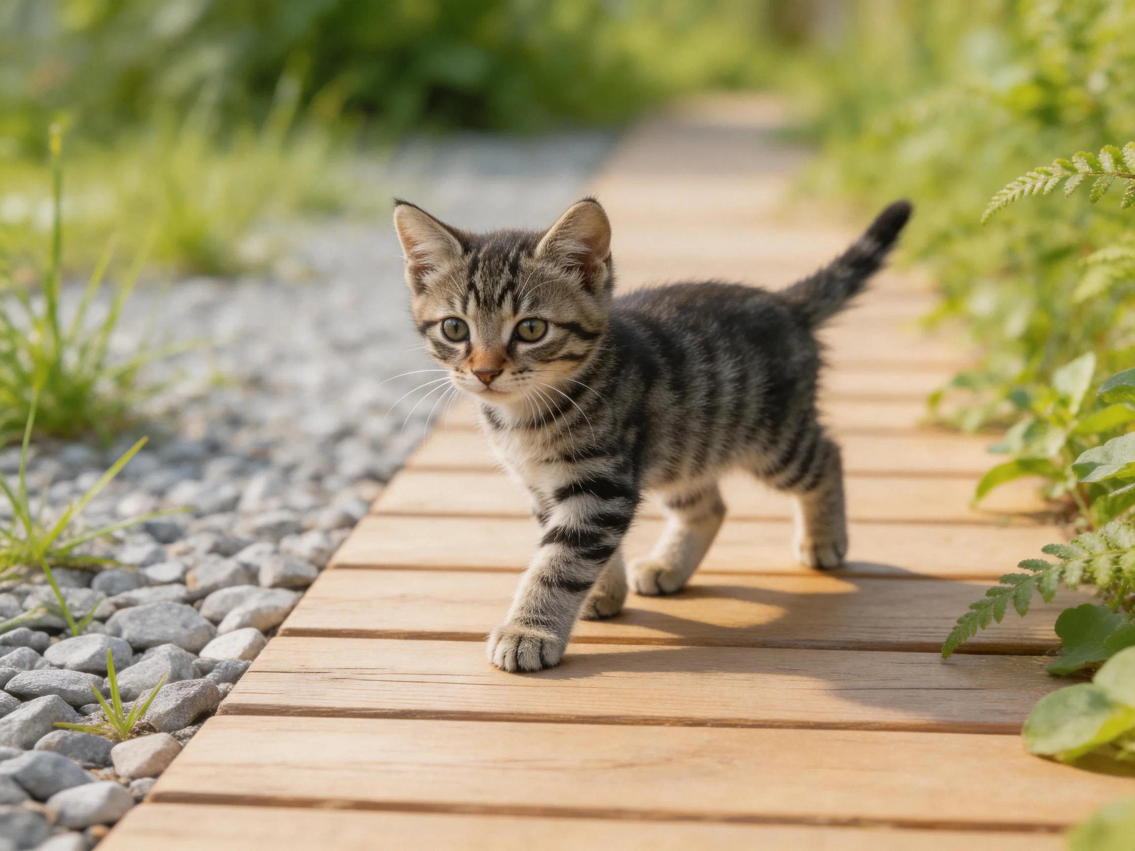 A small tabby kitten walks on a wooden path near gravel and ferns