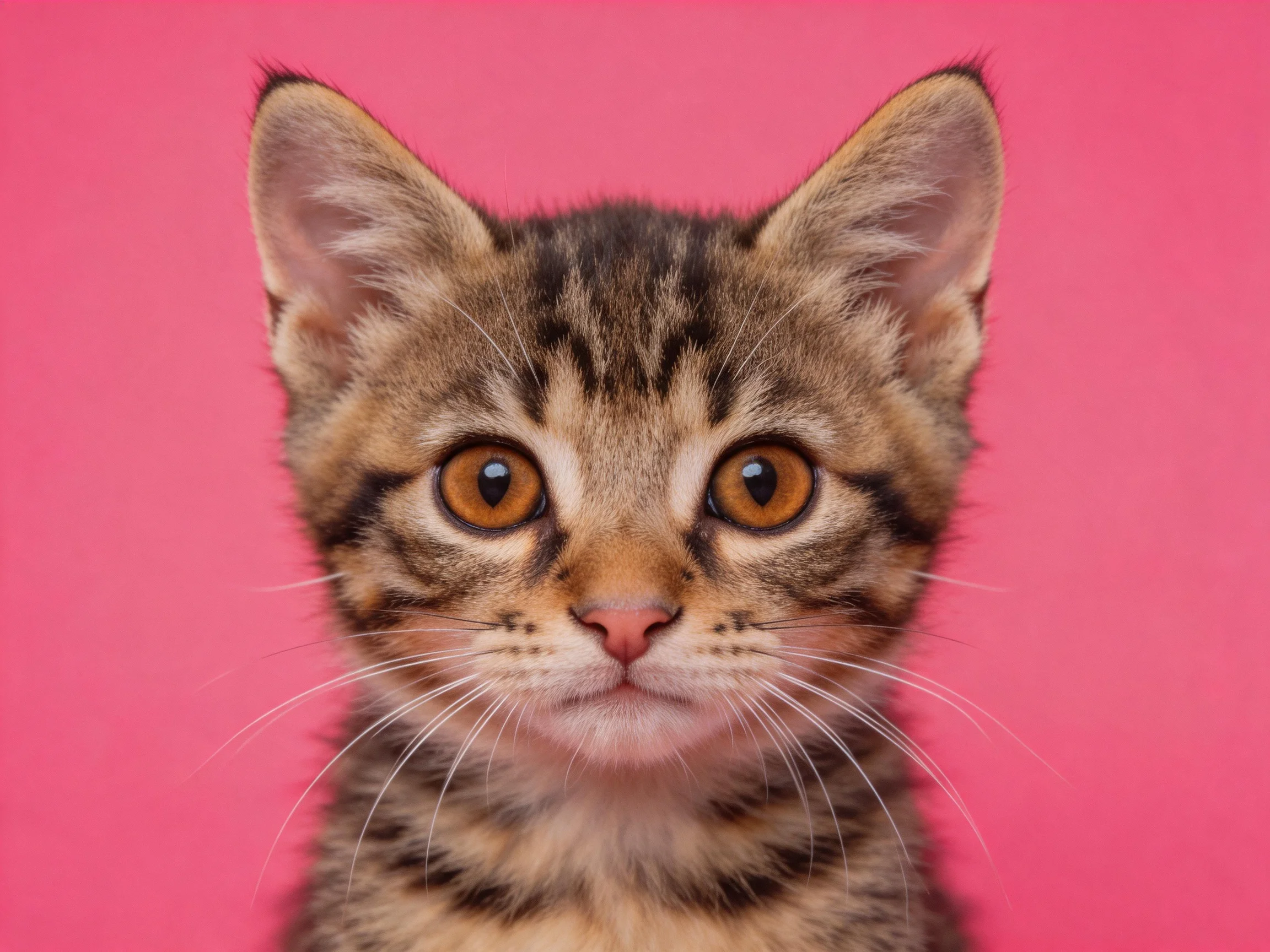 A small tabby kitten with amber eyes on a vibrant pink backdrop