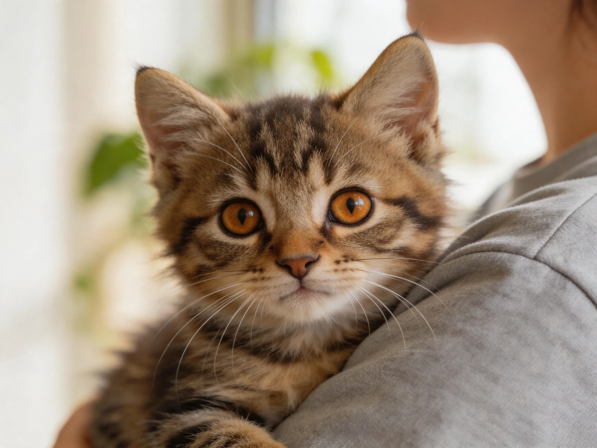 A small tabby kitten with amber eyes sits on a gray shirt near greenery