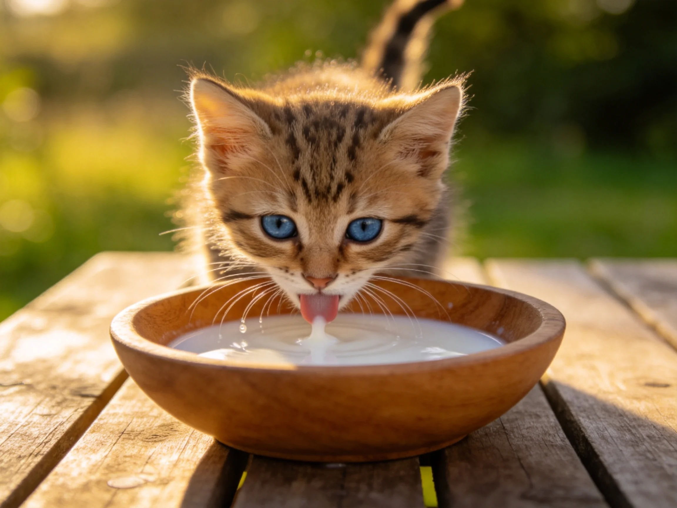 A small tabby kitten with blue eyes drinks milk from a wooden bowl in a sunlit outdoor space.