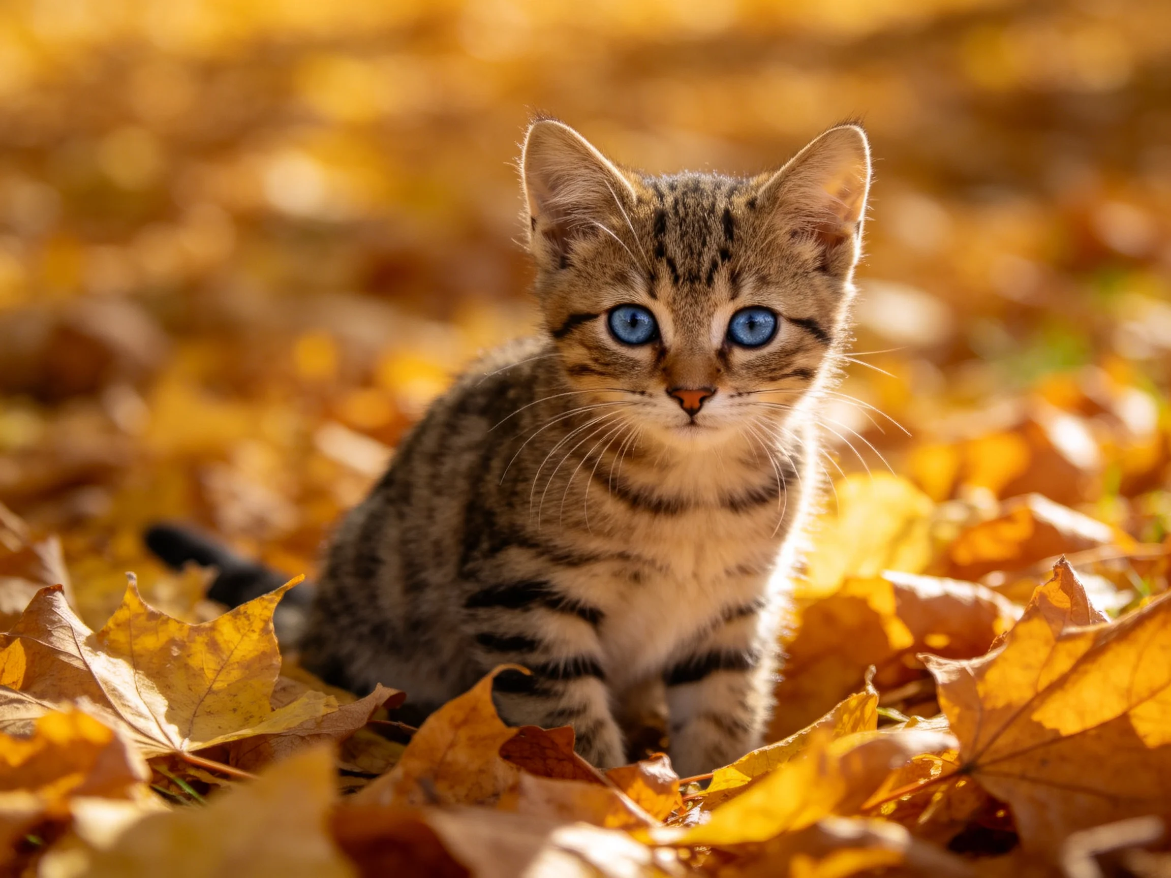 A small tabby kitten with blue eyes sits among golden autumn leaves.