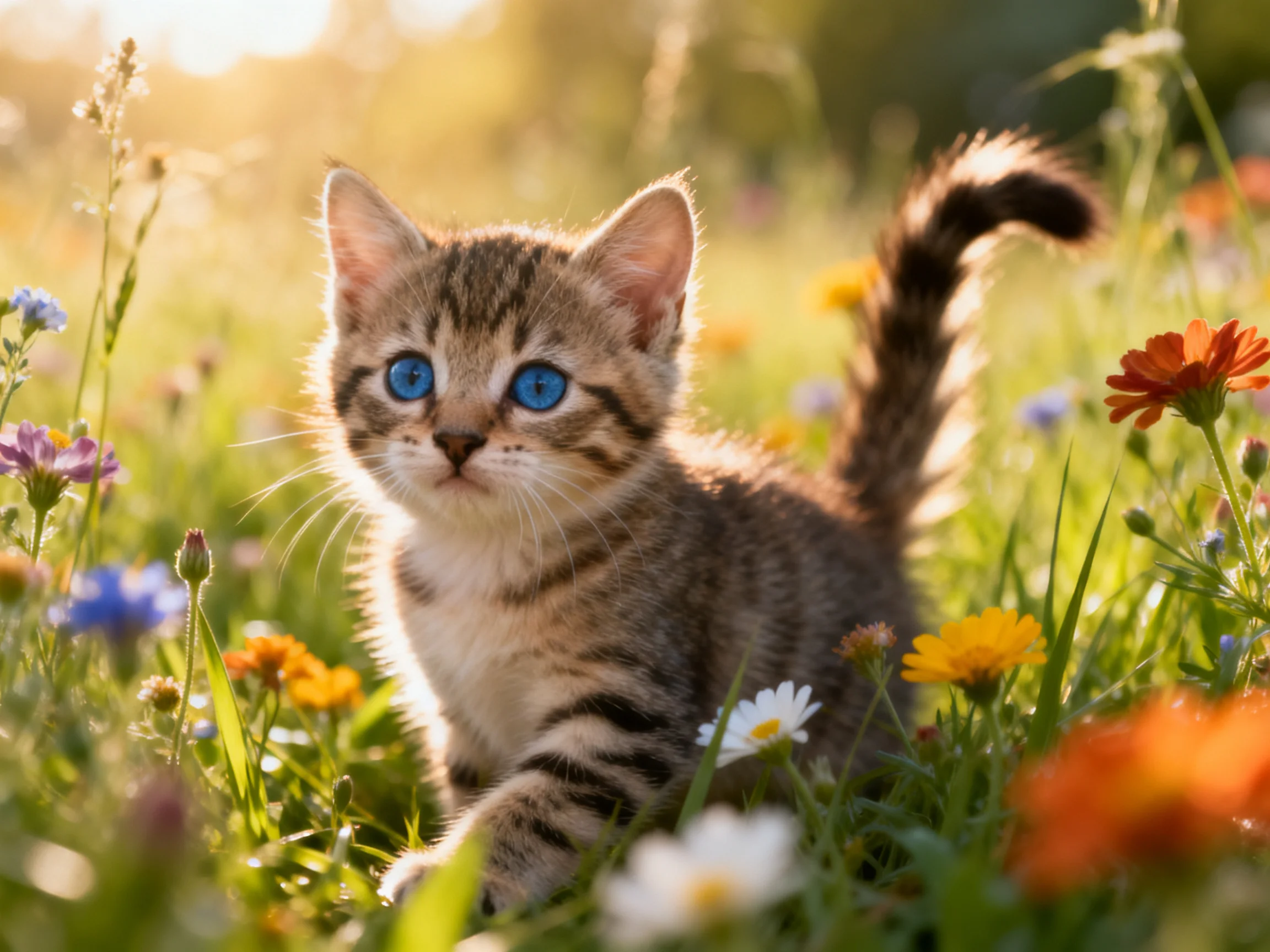 A small tabby kitten with bright blue eyes explores a sunlit meadow filled with colorful blooms.