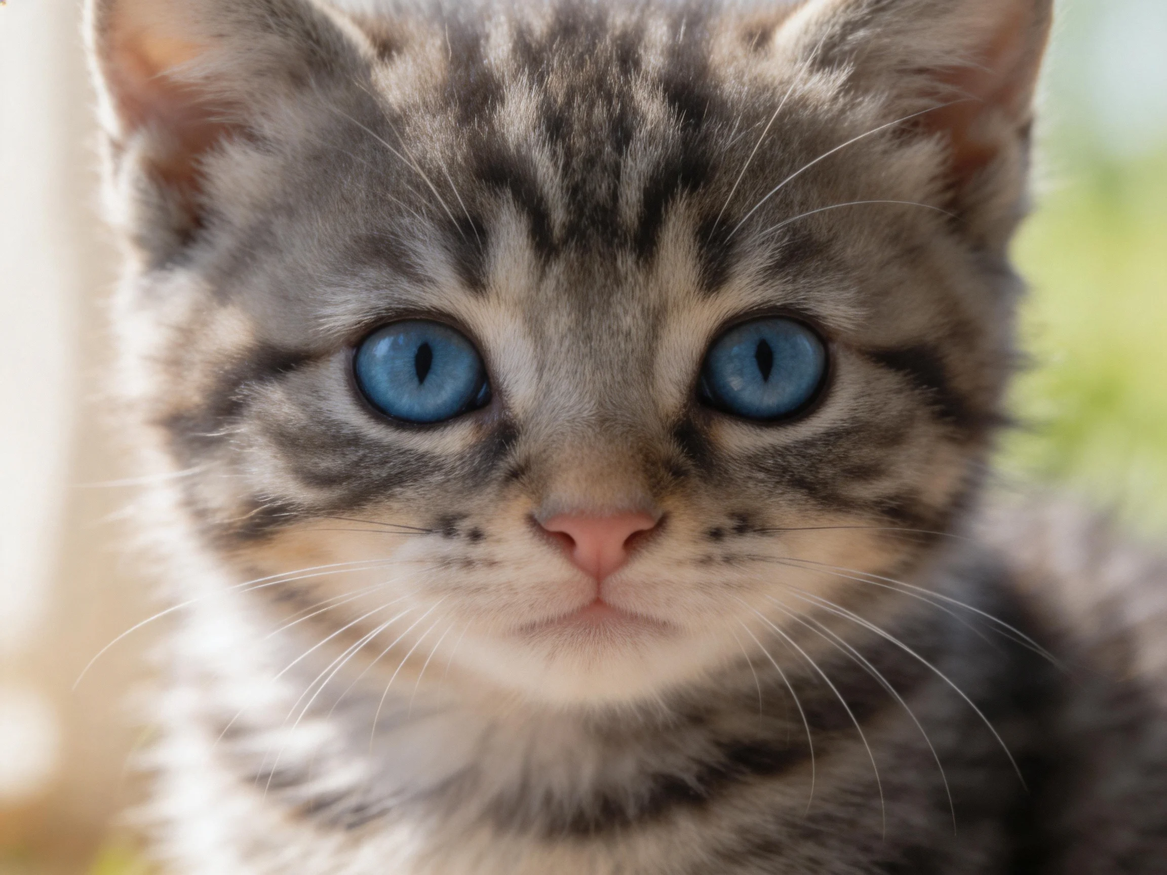 A small tabby kitten with bright blue eyes is photographed closely.