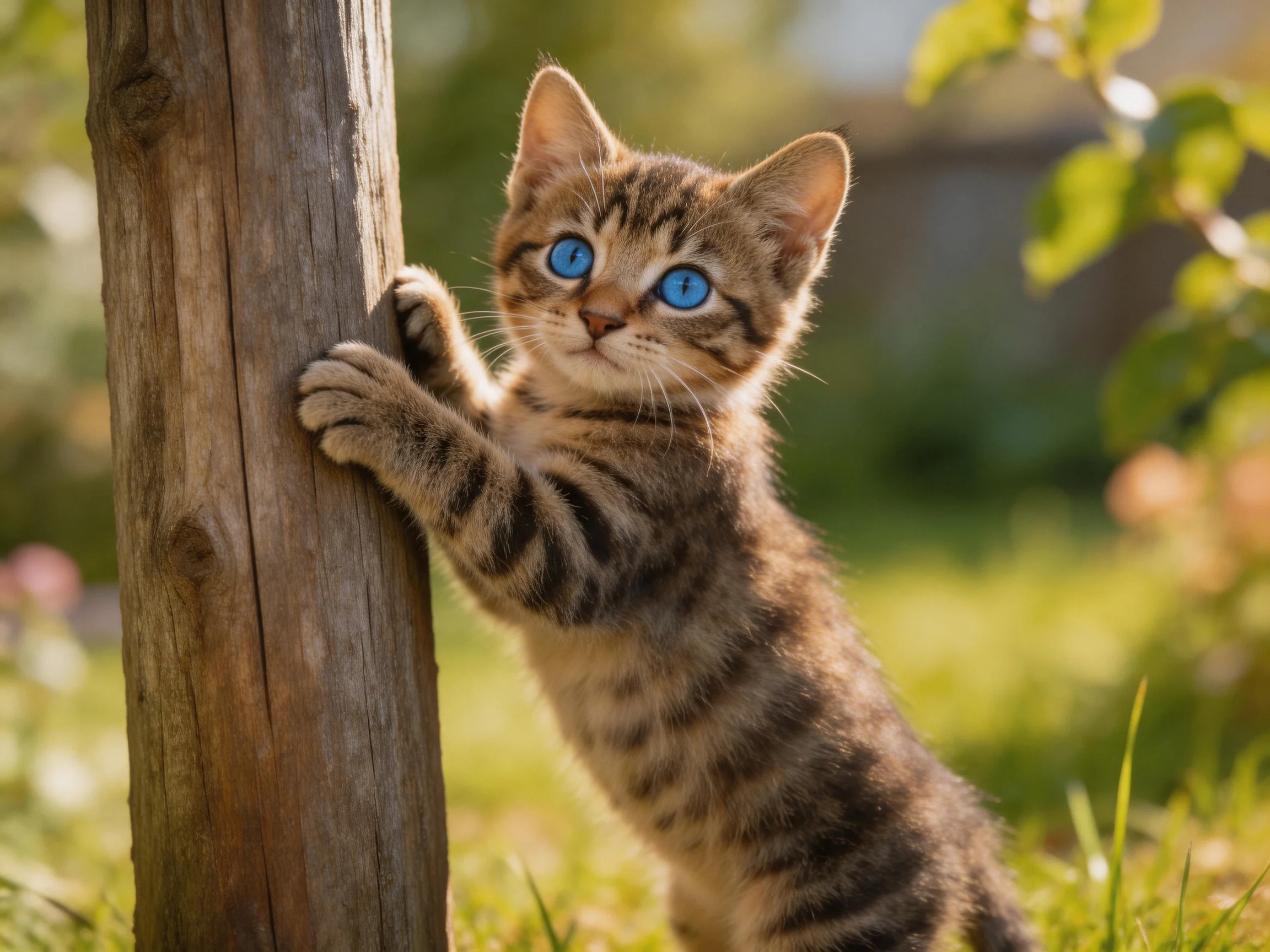 A small tabby kitten with blue eyes climbs a wooden post outdoors
