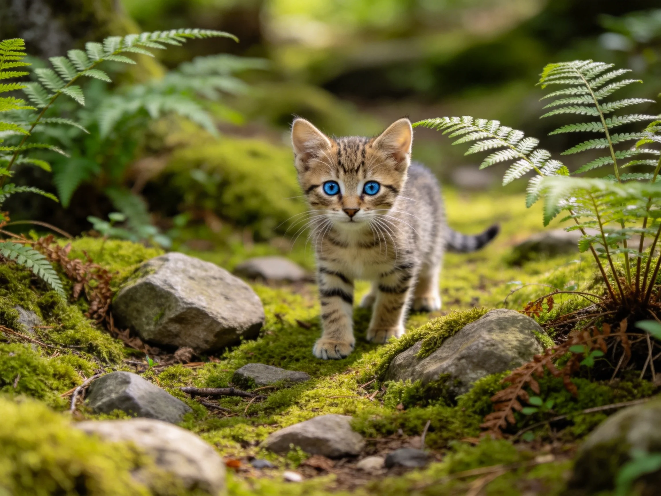 A small tabby kitten with blue eyes navigates a mossy, fern-lined forest path