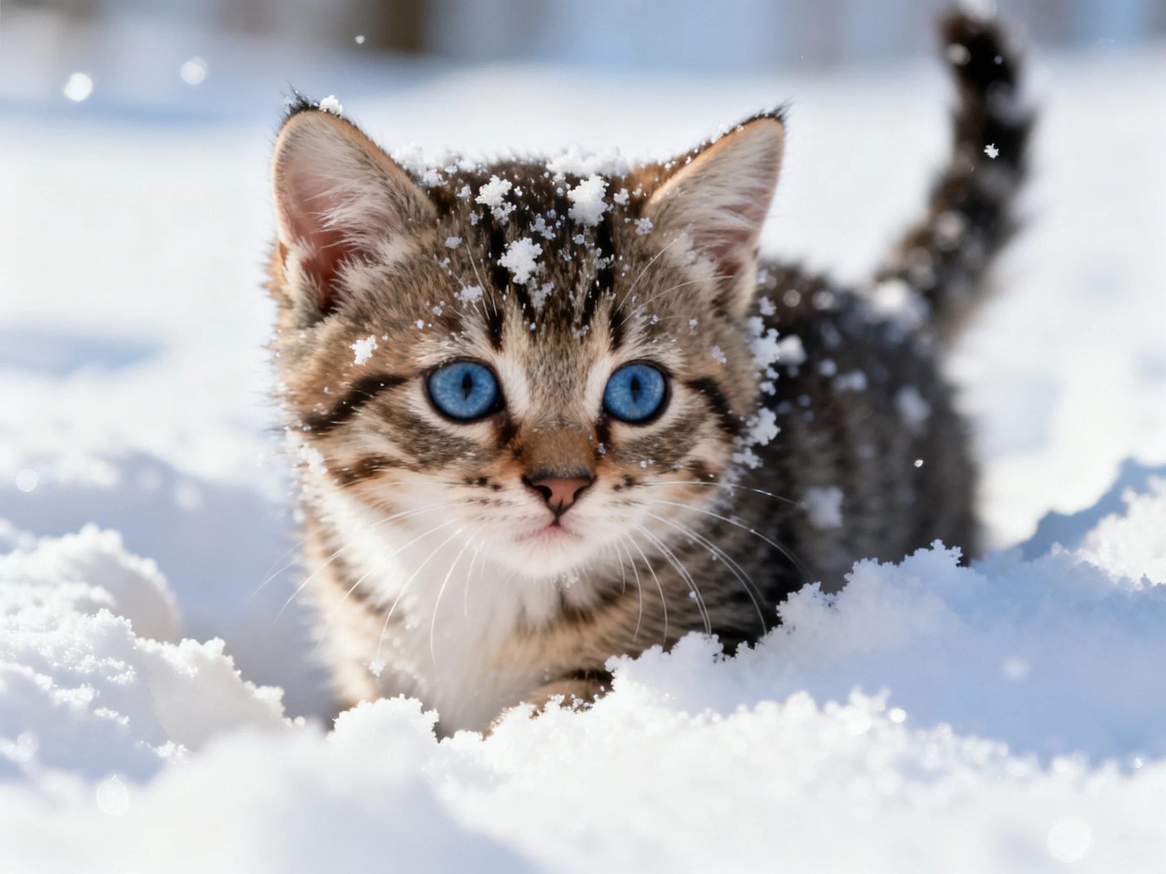 A small tabby kitten with blue eyes explores a snowy landscape.