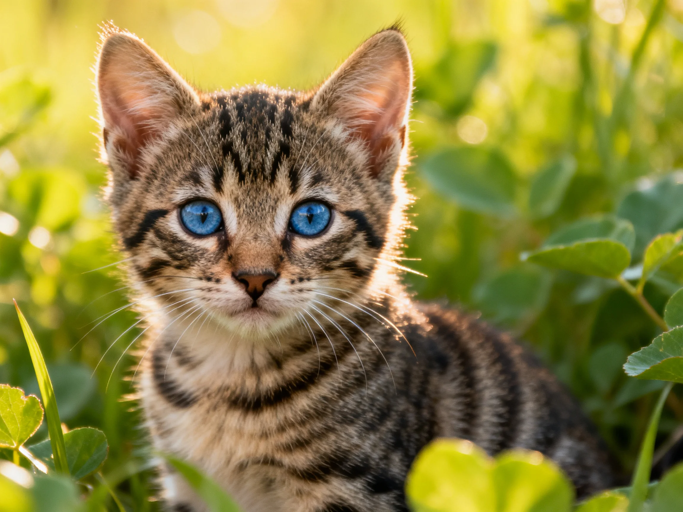 A small tabby kitten with bright blue eyes sits among lush green plants.
