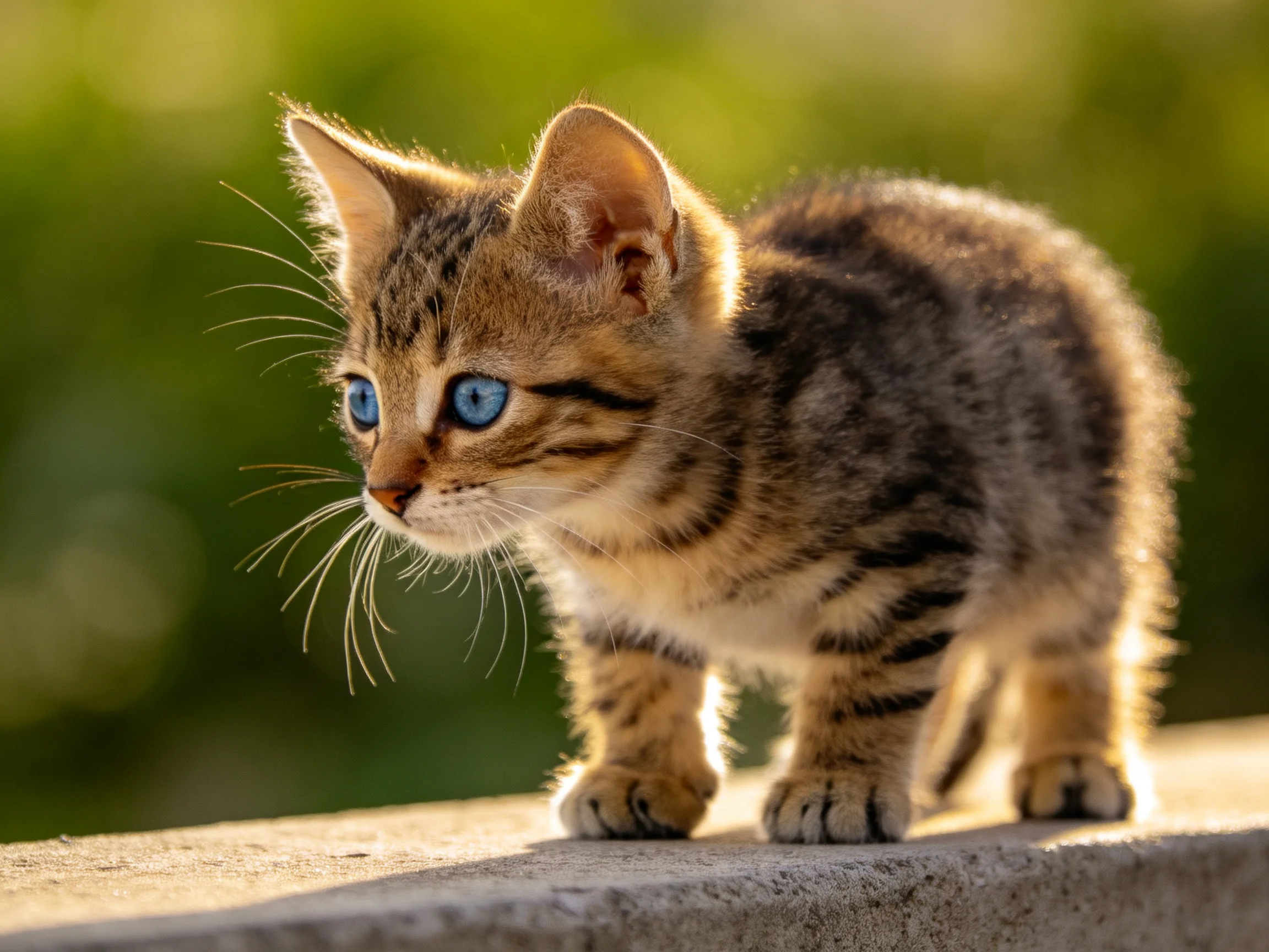 A small tabby kitten with blue eyes stands on a concrete ledge in a sunlit outdoor area.