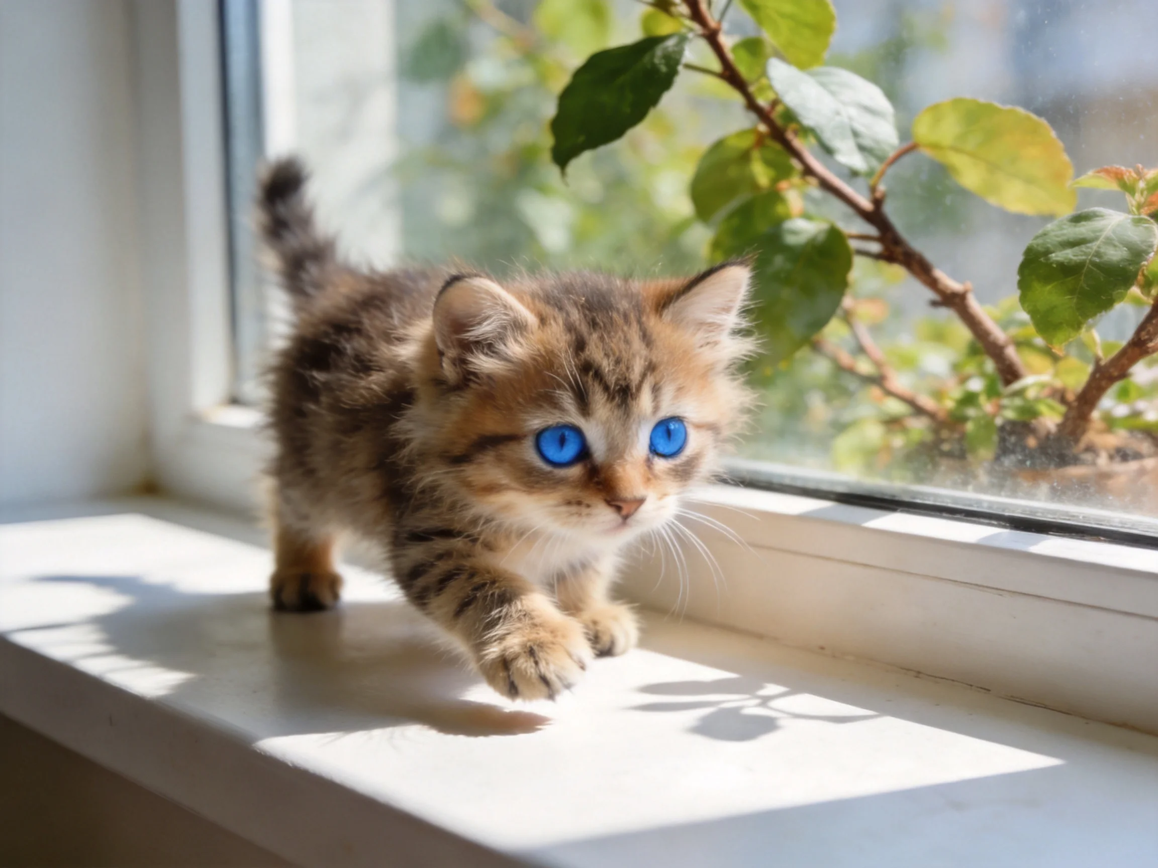 A small tabby kitten with bright blue eyes explores a sunlit windowsill.