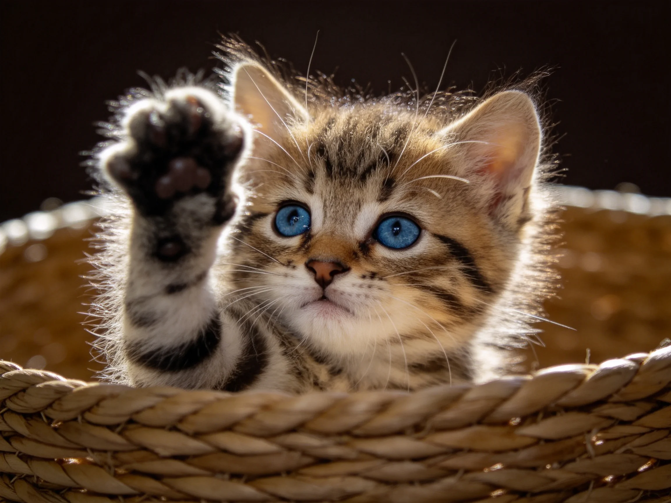 A small tabby kitten with bright blue eyes raises its paw from a woven basket.