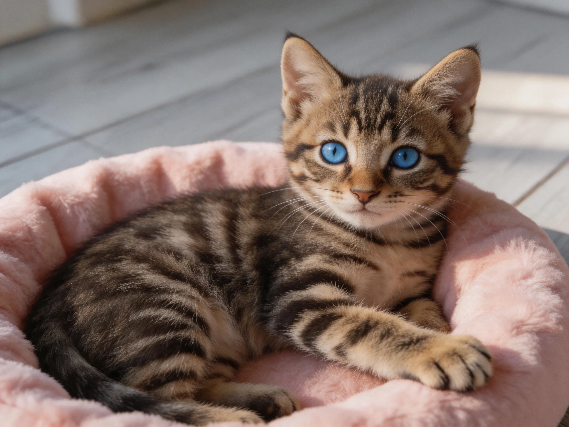 A tabby kitten with blue eyes relaxes in a plush pink pet bed
