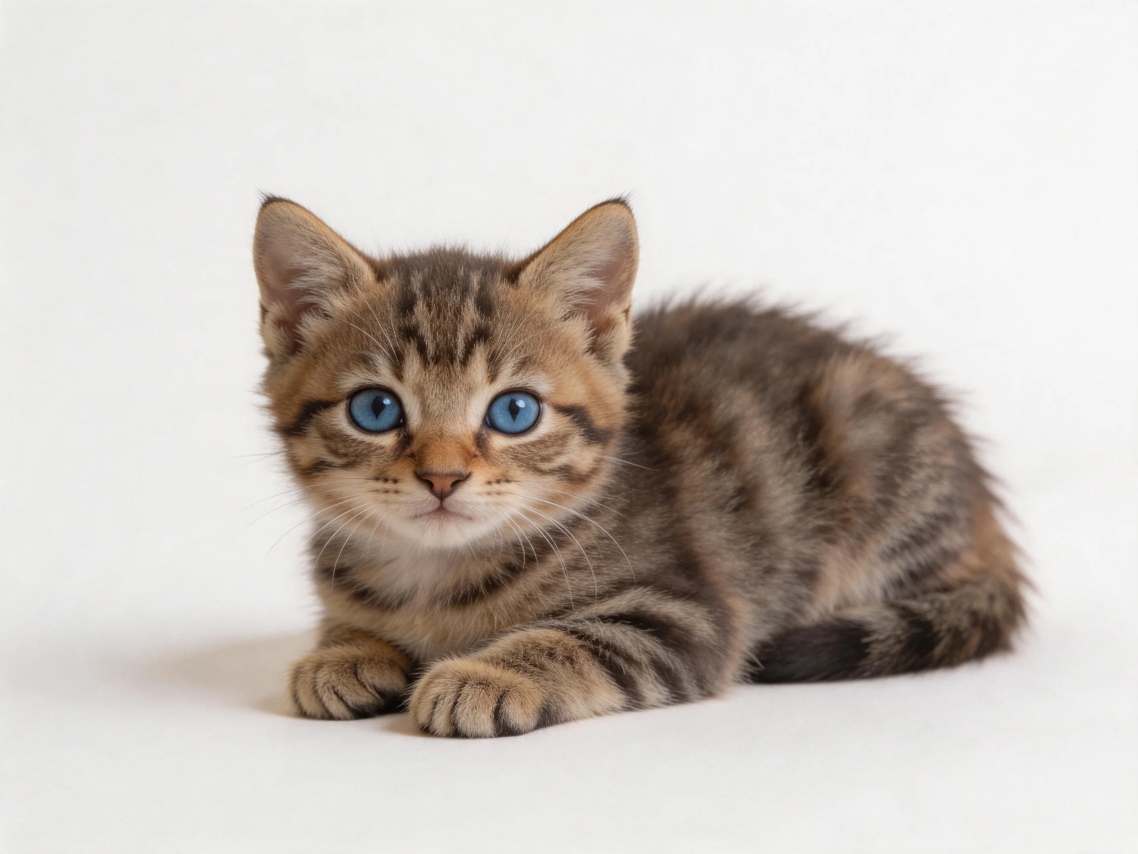 A small tabby kitten with bright blue eyes rests on a white background.