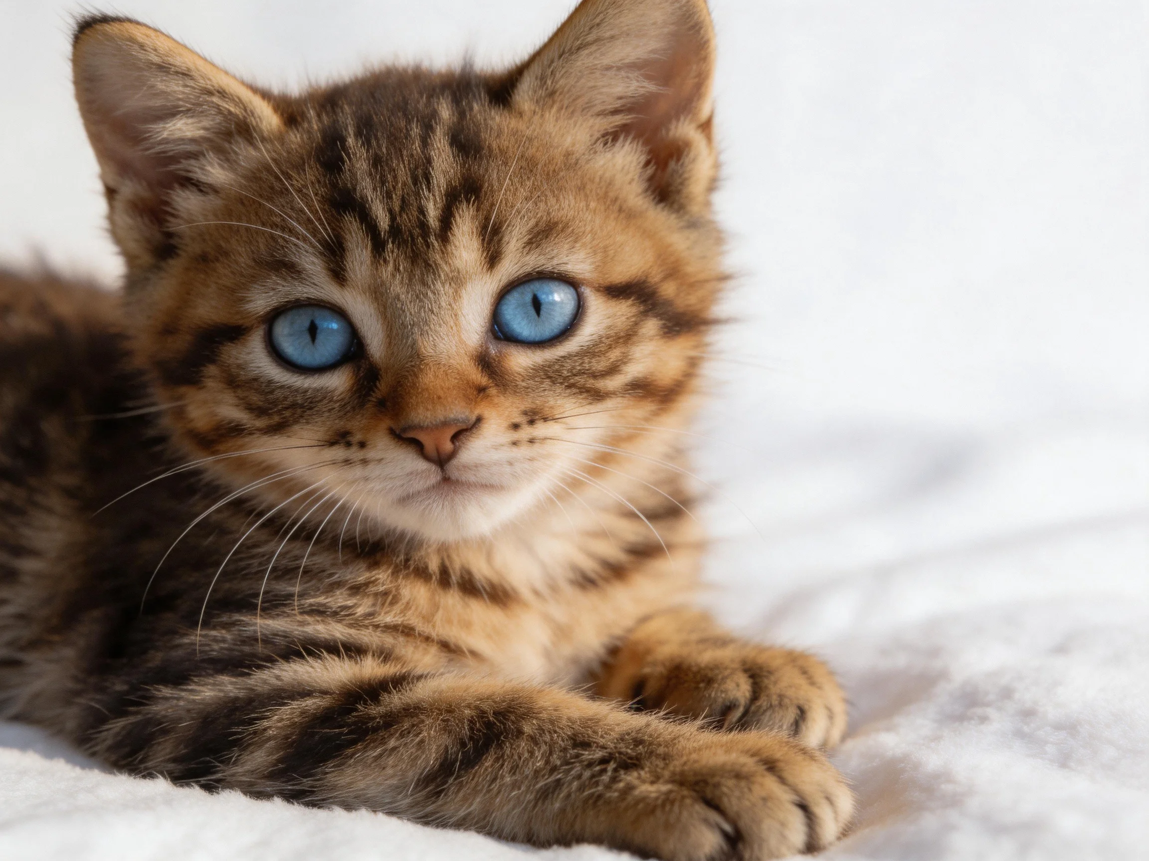 A small tabby kitten with bright blue eyes lies on a white cloth.