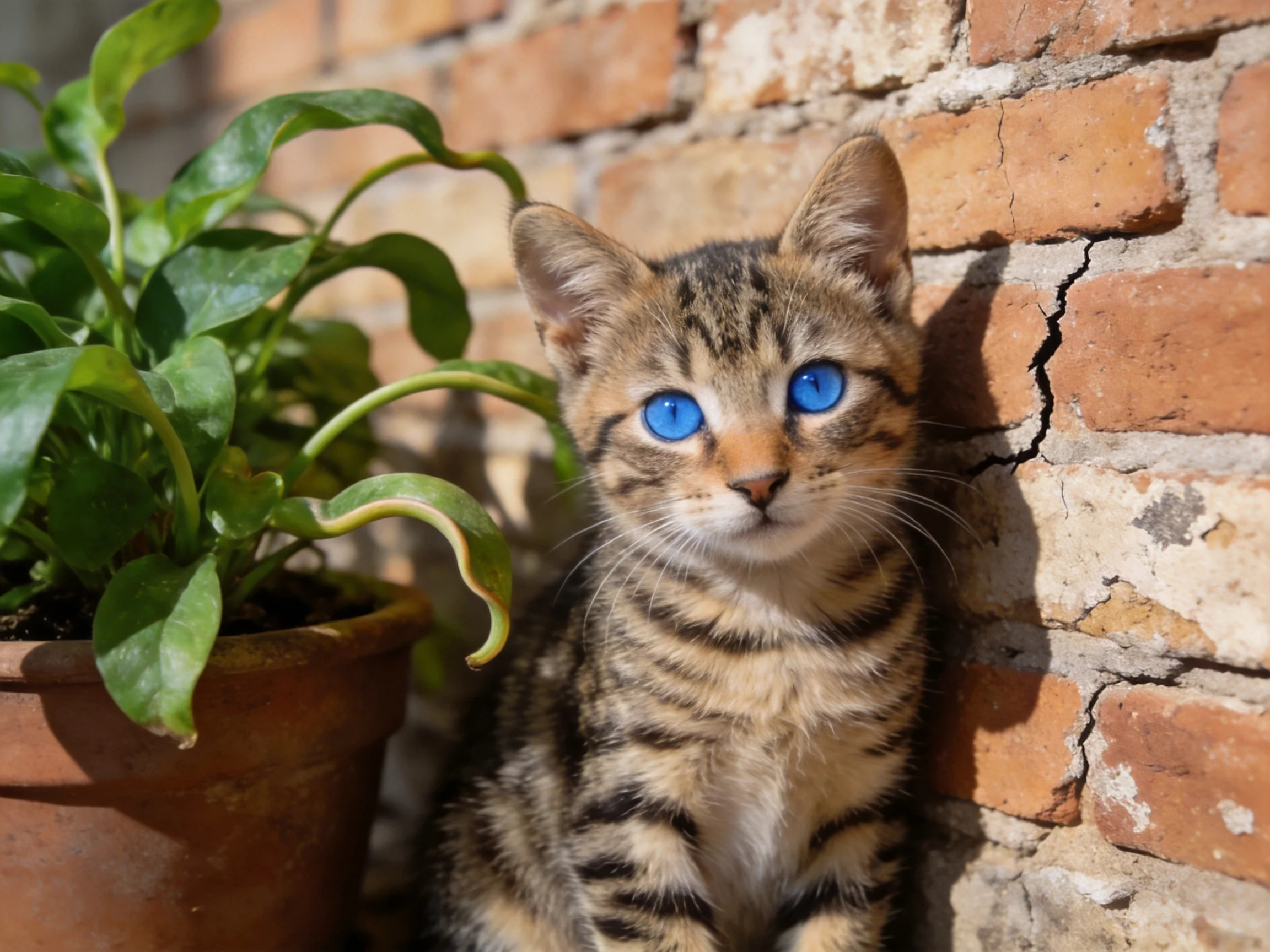 A small tabby kitten with blue eyes rests near a potted plant by a weathered brick wall.