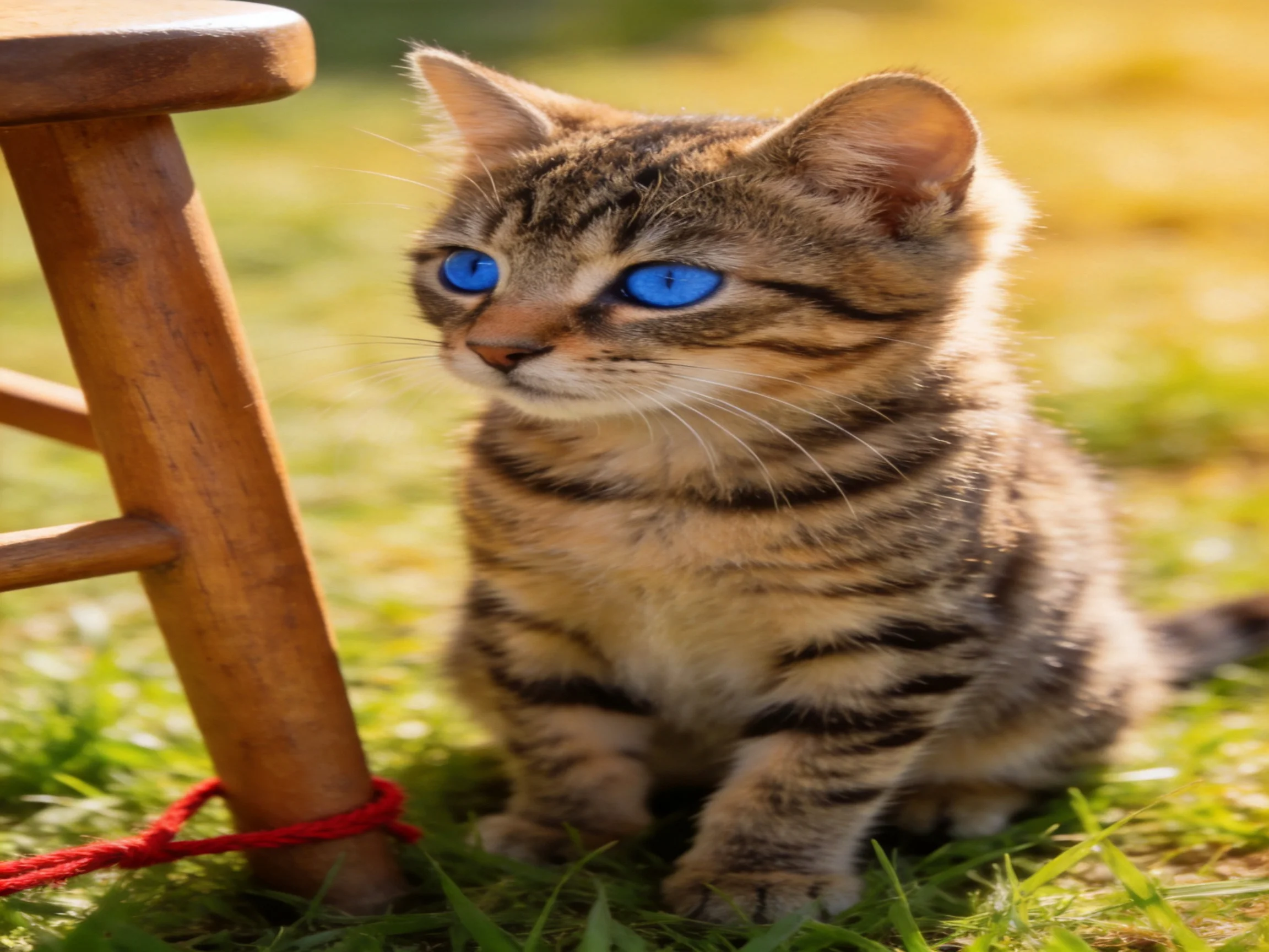 A small tabby kitten with blue eyes sits near a wooden stool on grass.