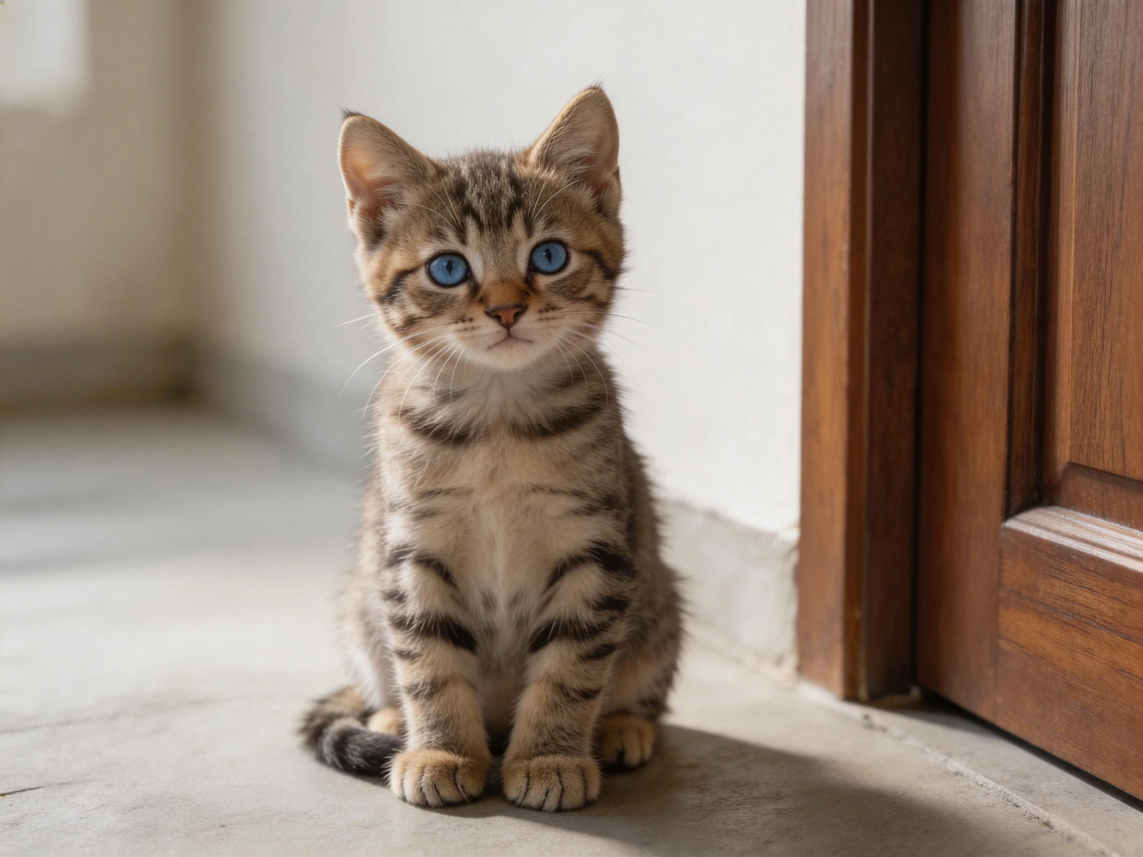 A small tabby kitten with bright blue eyes sits near a wooden door indoors