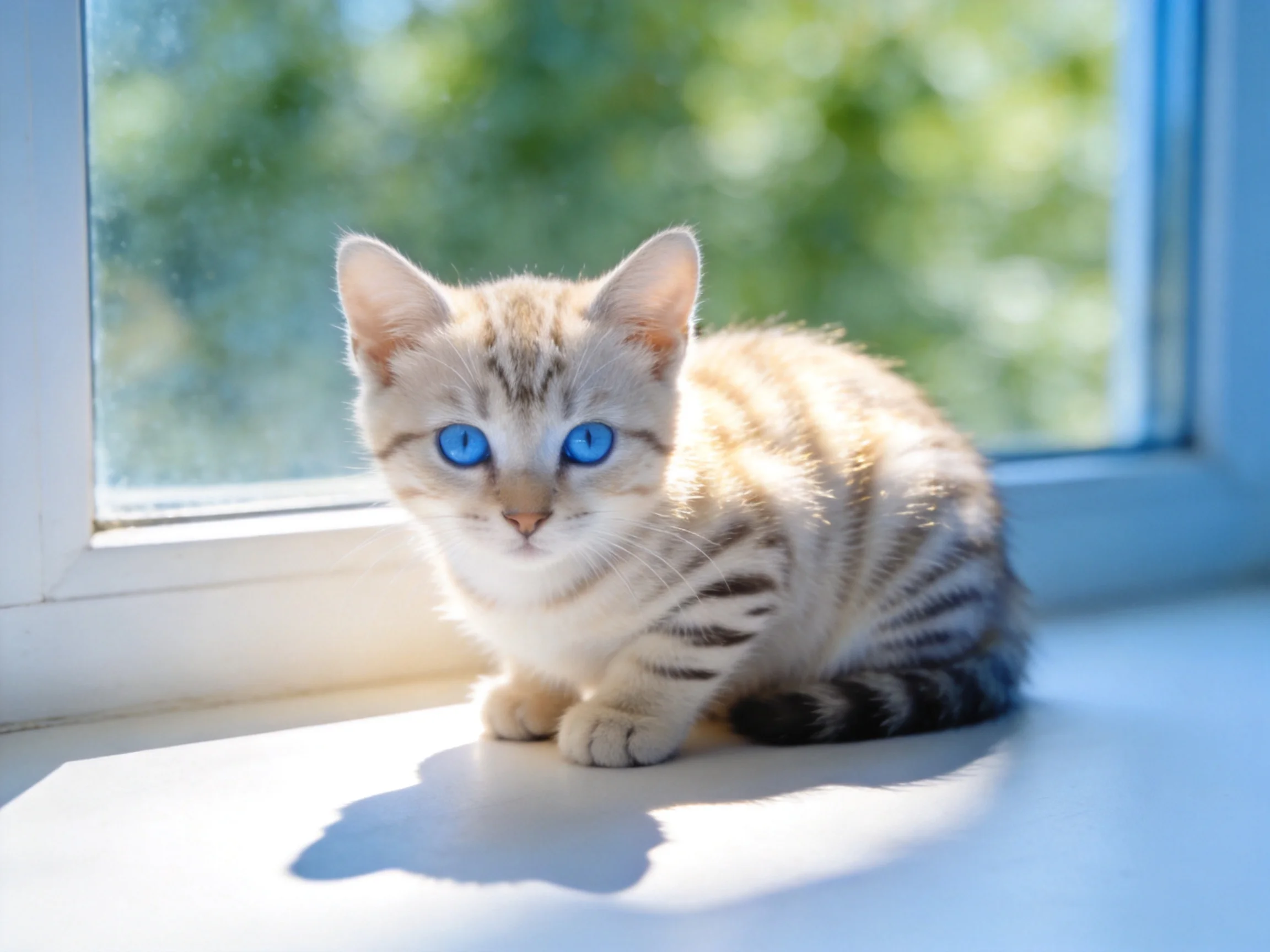 A small tabby kitten with blue eyes rests near a sunlit window.