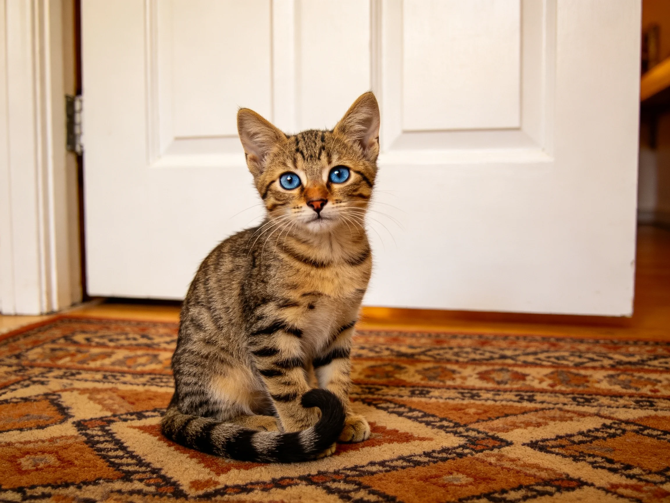 A small tabby kitten with blue eyes sits on a patterned rug beside an open white door