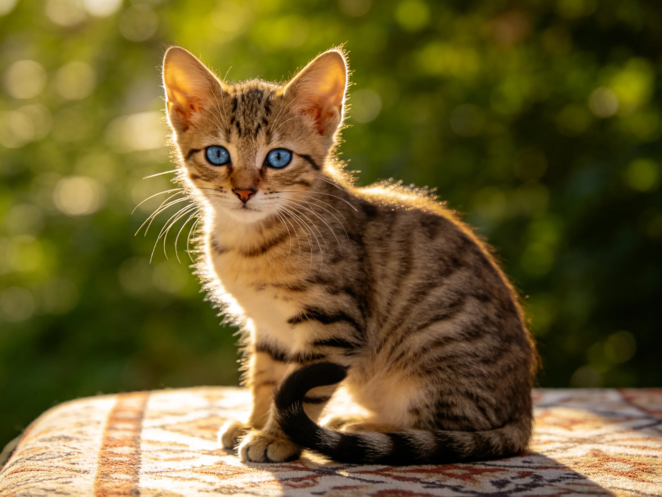 A small tabby kitten with bright blue eyes sits on a patterned surface in an sunlit setting.