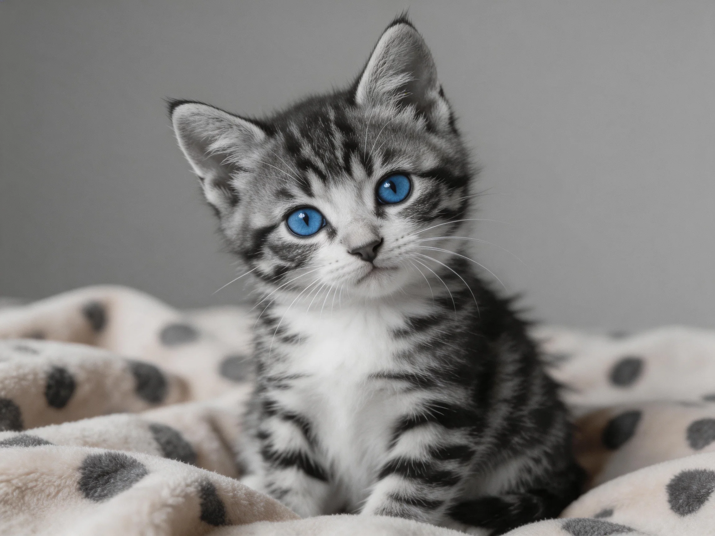 A small tabby kitten with bright blue eyes sits on a dotted blanket.