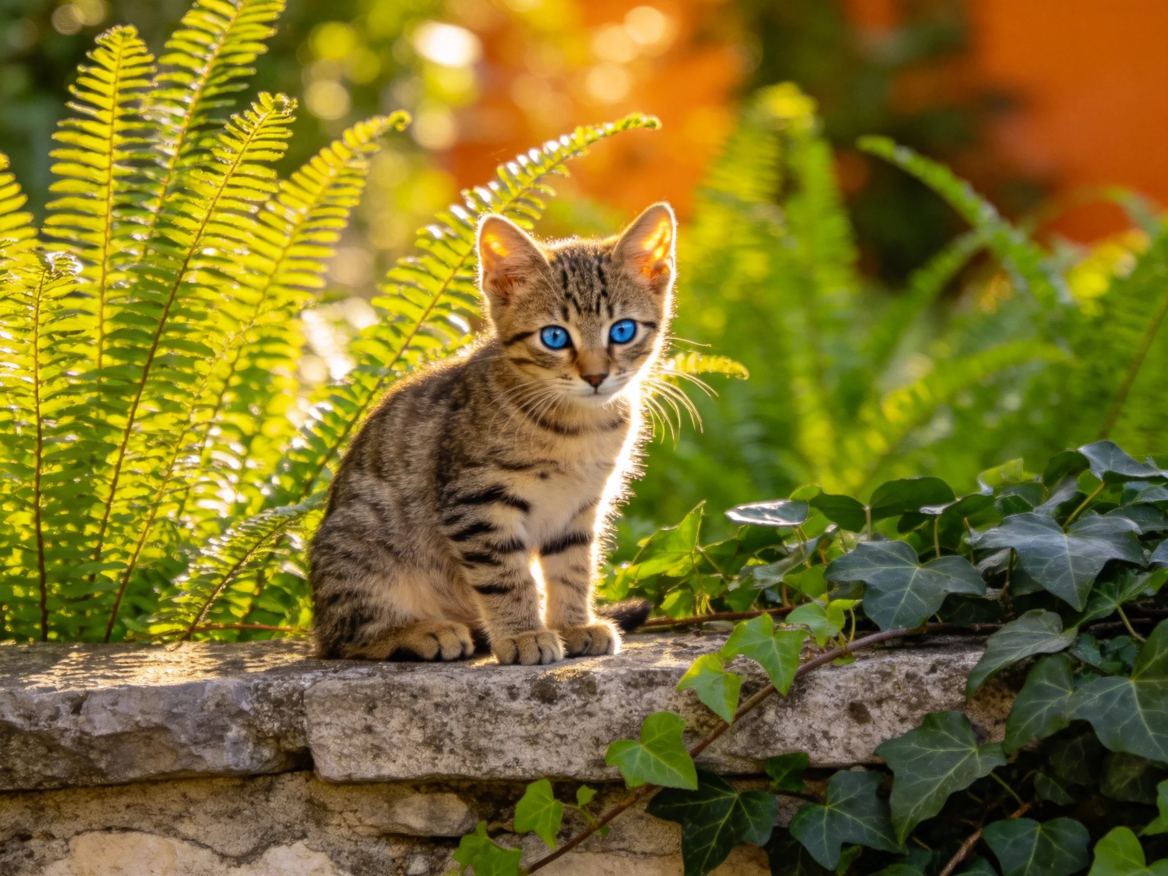 A small tabby kitten with blue eyes sits on a stone ledge in a sunlit garden