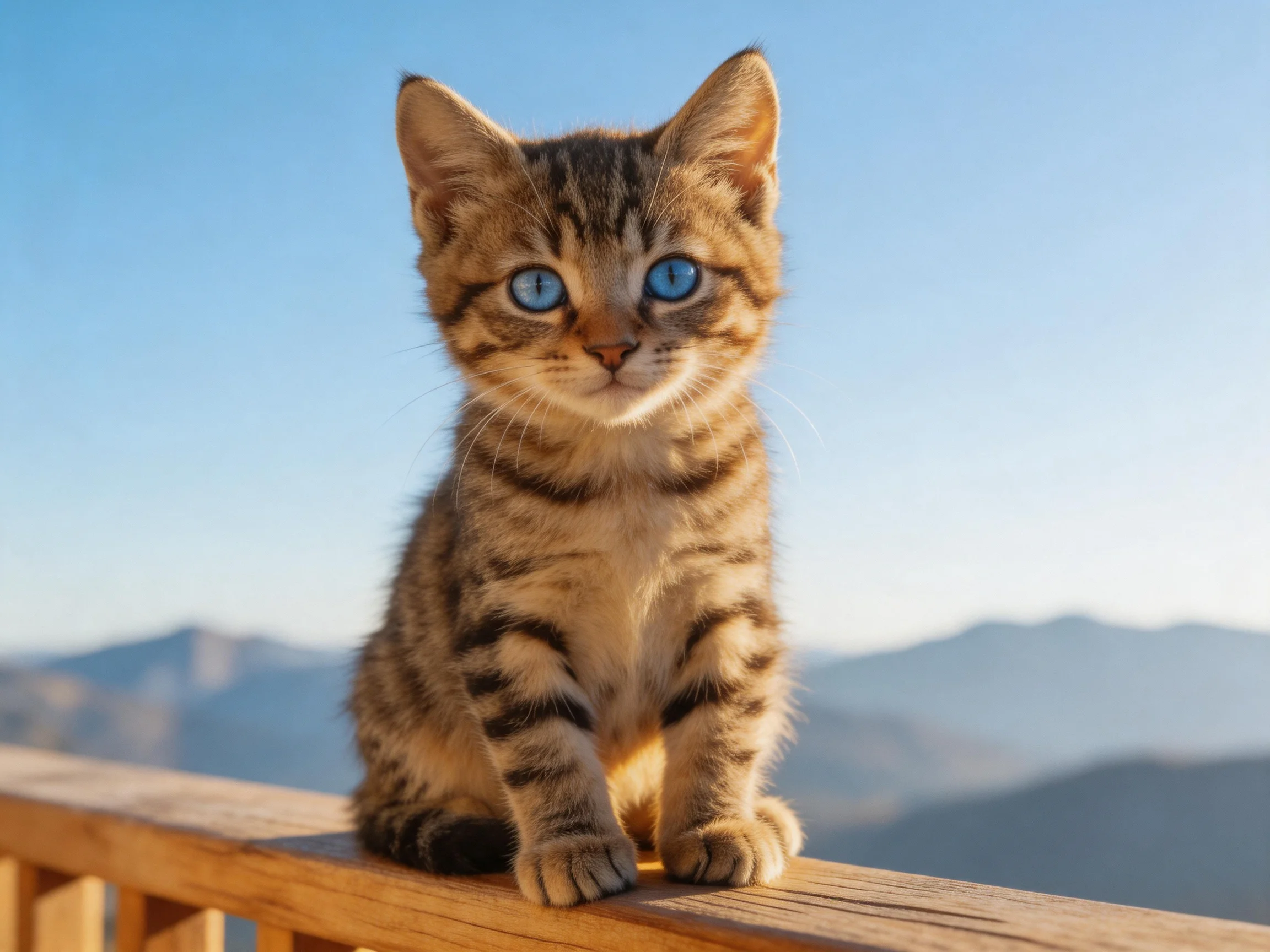 A small tabby kitten with blue eyes sits on a wooden railing near mountains