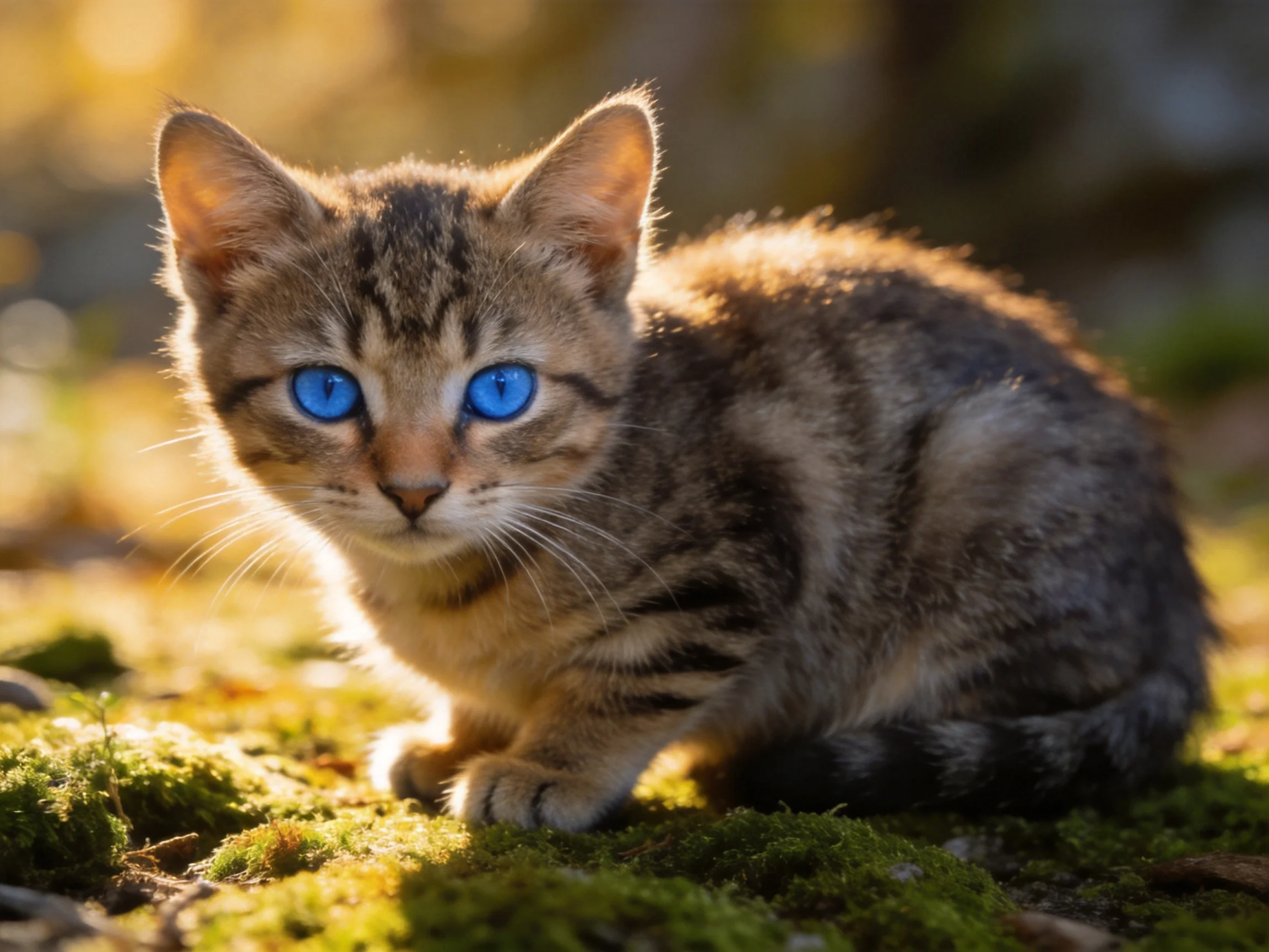 A small tabby kitten with bright blue eyes sits on mossy ground in a sunlit area.