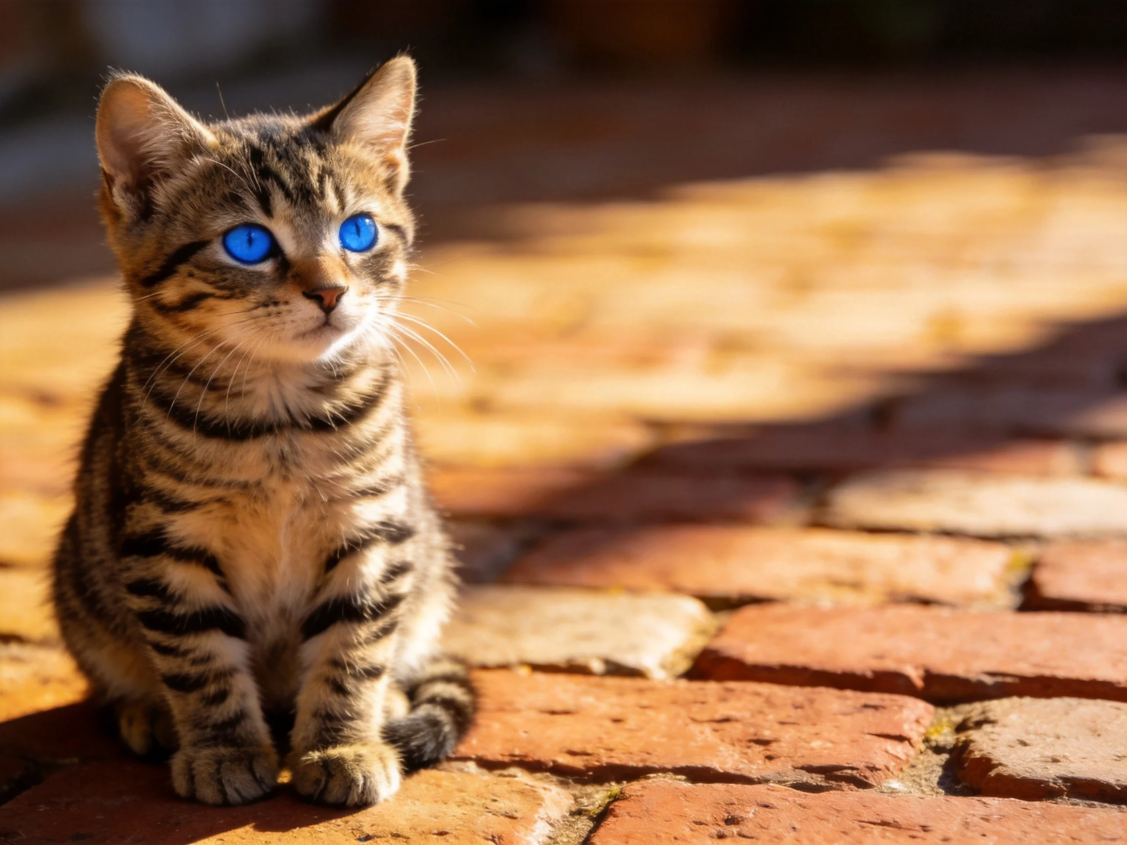A small tabby kitten with bright blue eyes sits on sunlit reddish-brown bricks.