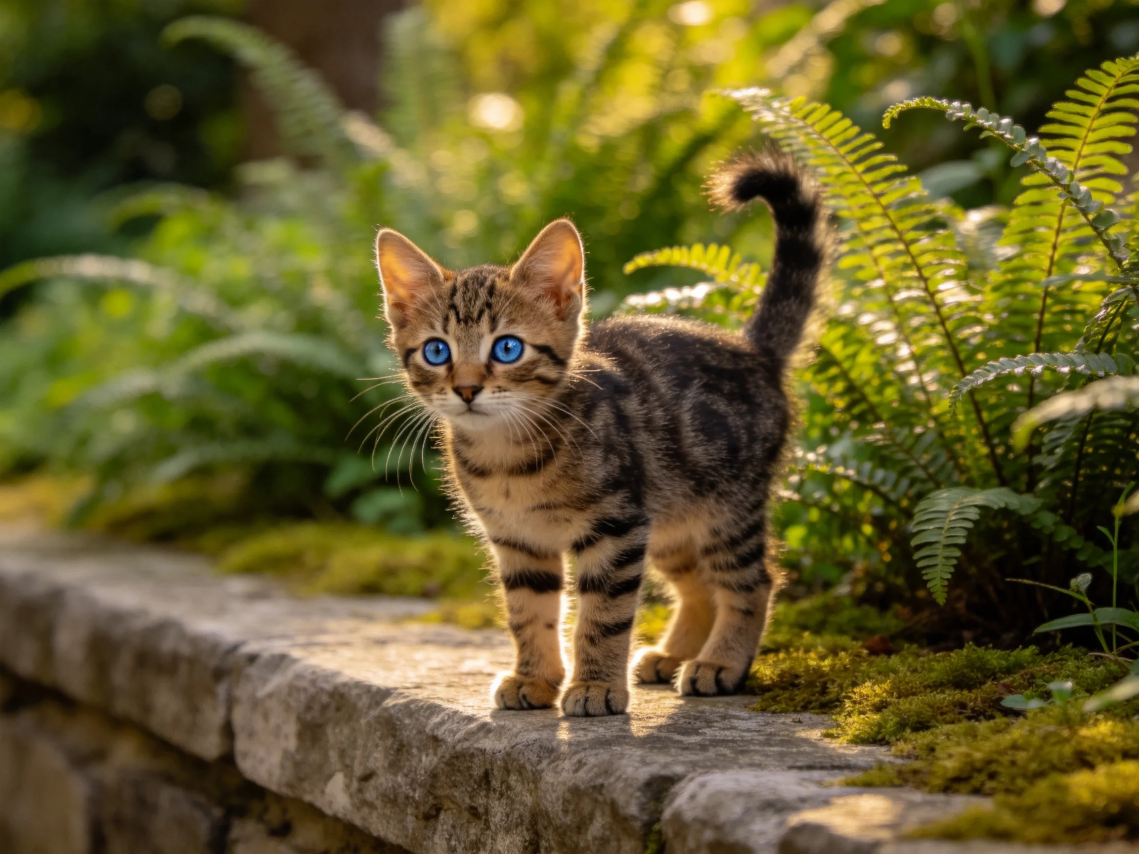 A small tabby kitten with blue eyes explores a mossy stone ledge amid ferns.