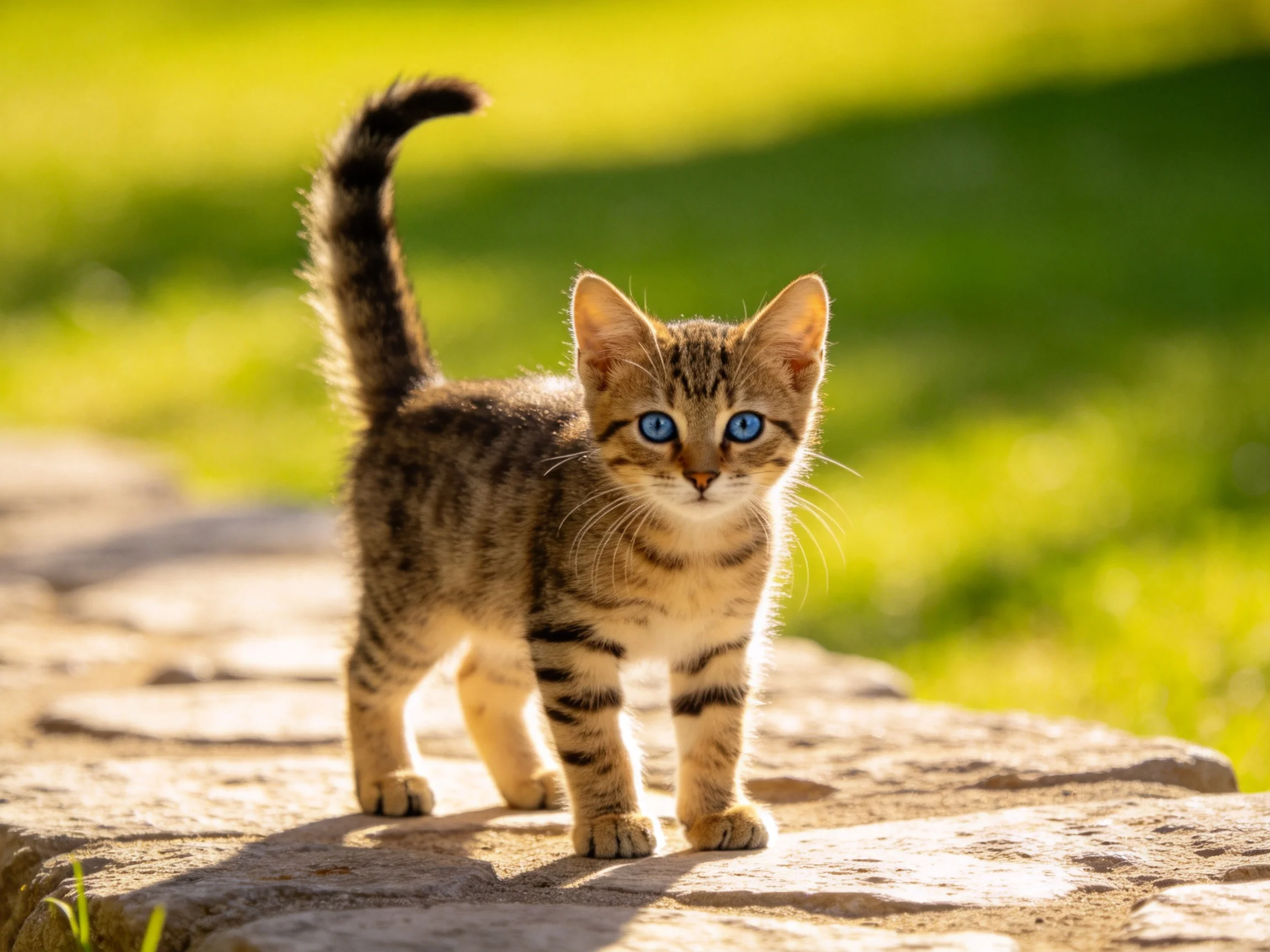 A small tabby kitten with blue eyes stands on a sunlit stone path