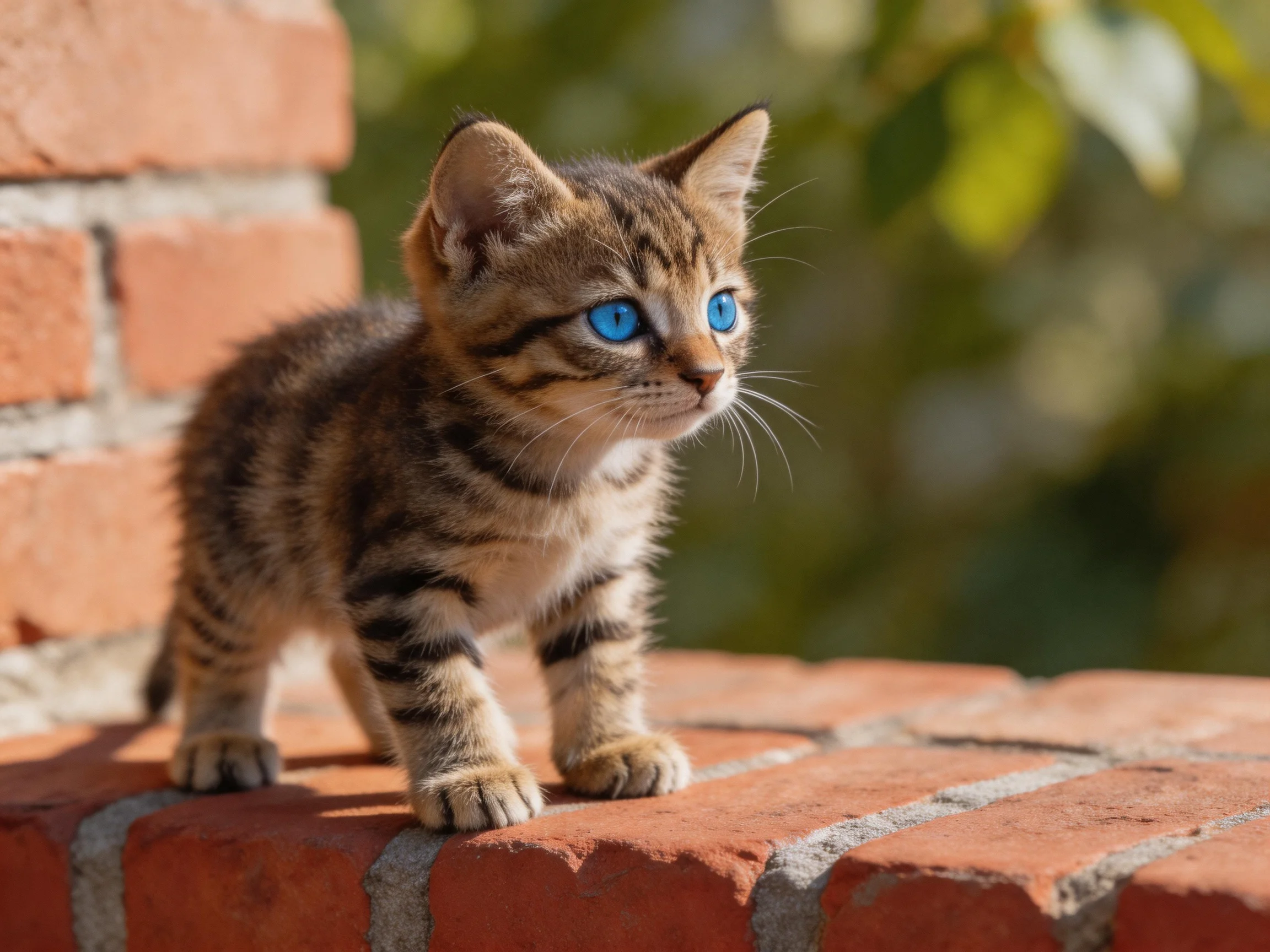 A small tabby kitten with bright blue eyes stands on red bricks outside