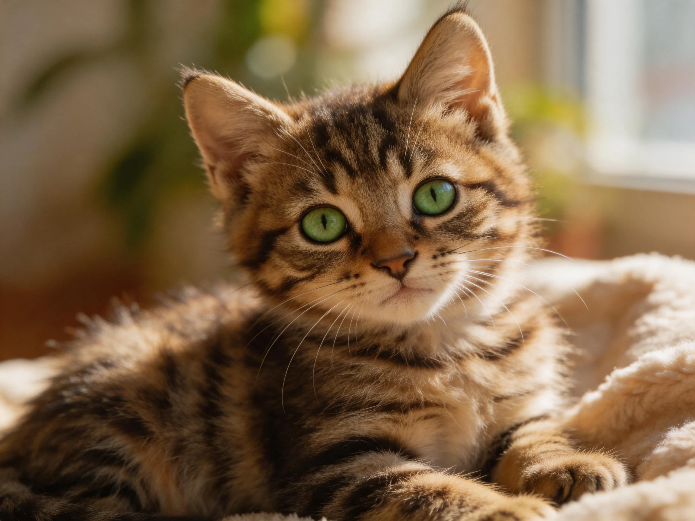 A small tabby kitten with bright green eyes relaxes on a soft blanket in a sunlit indoor setting.
