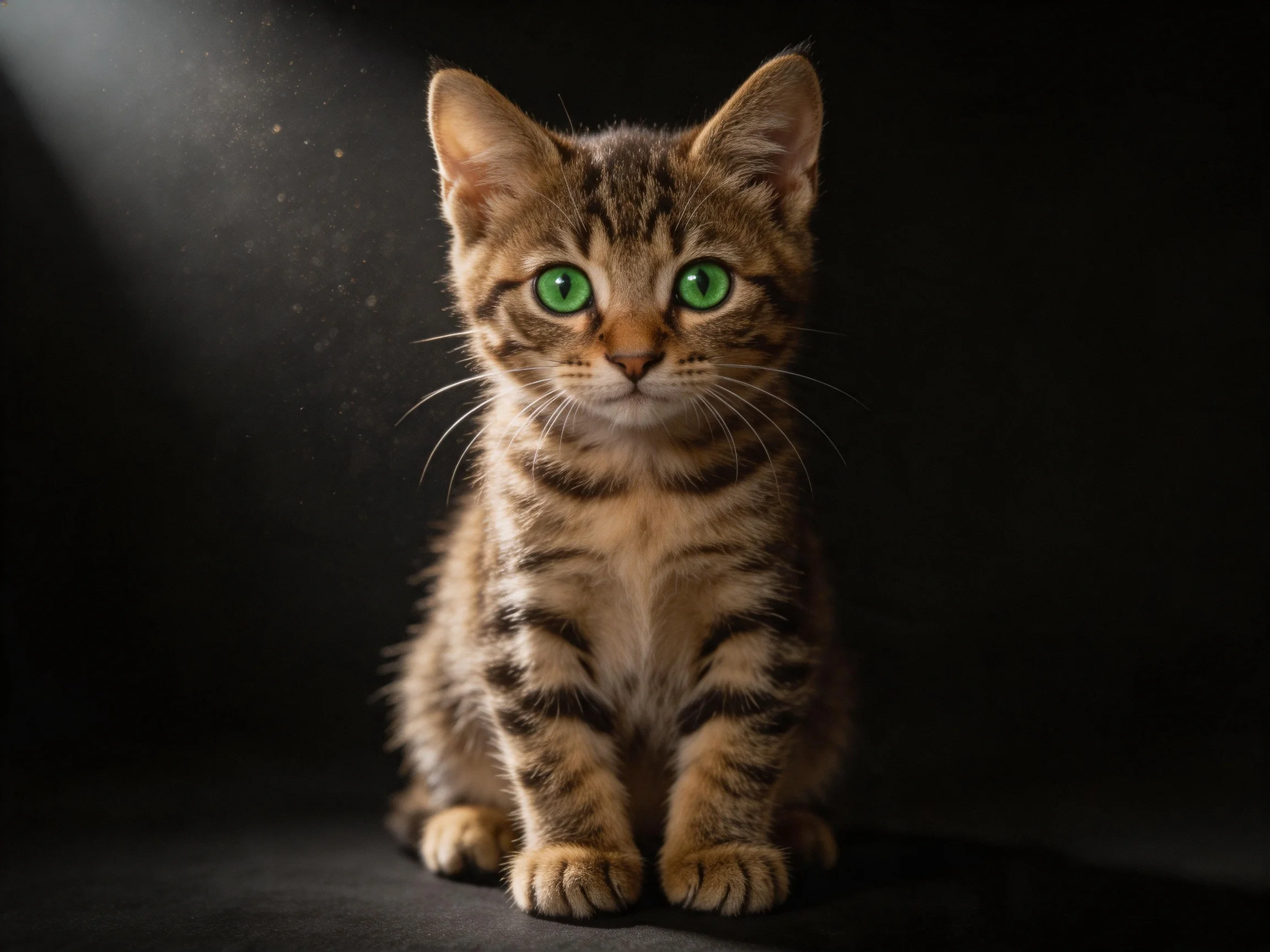 A small tabby kitten with bright green eyes sits calmly in a dark setting.