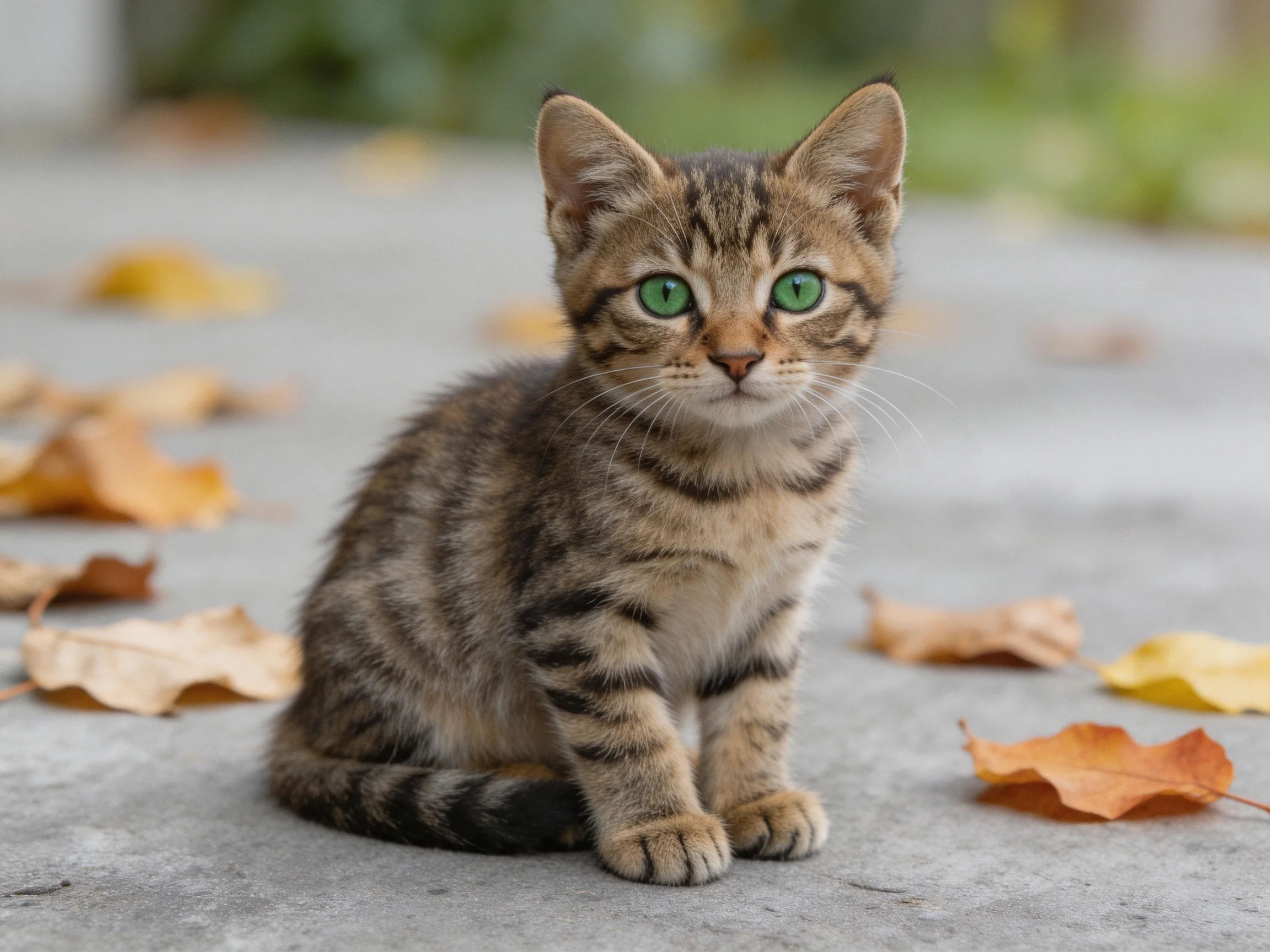 A small tabby kitten with bright green eyes sits among scattered autumn leaves.