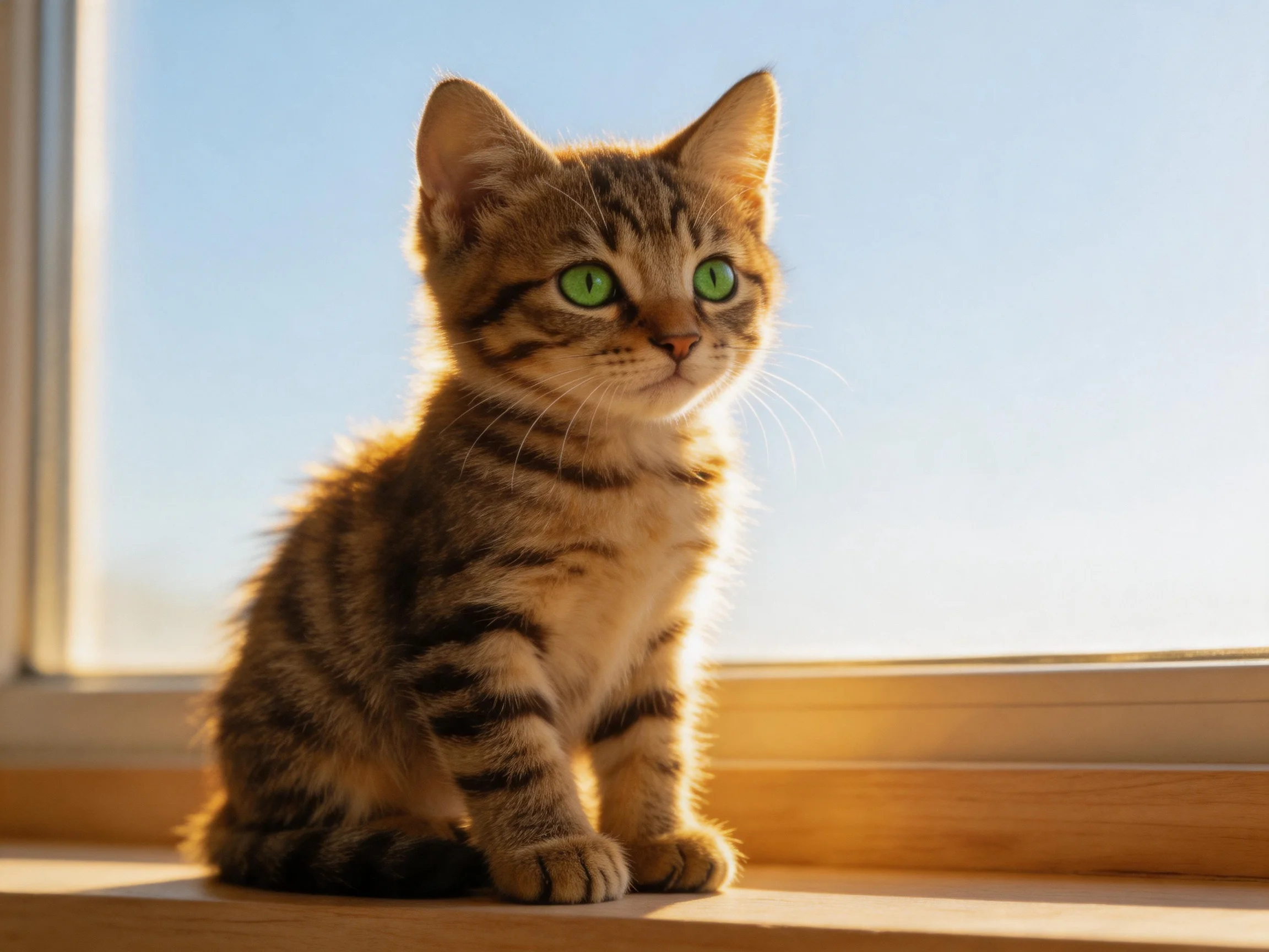 A small tabby kitten with bright green eyes sits near a sunlit window ledge.