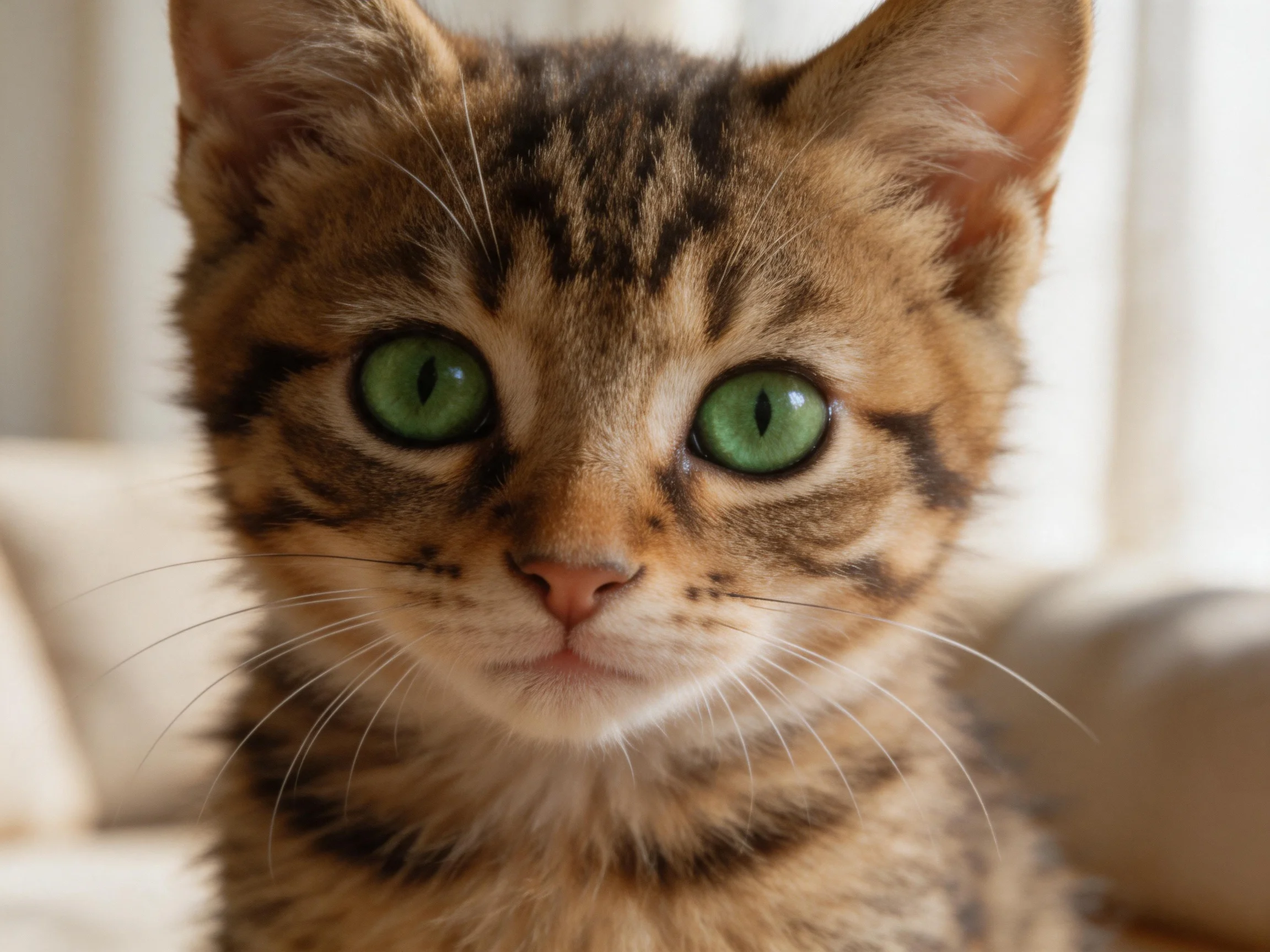 A small tabby kitten with bright green eyes sits near soft furnishings.
