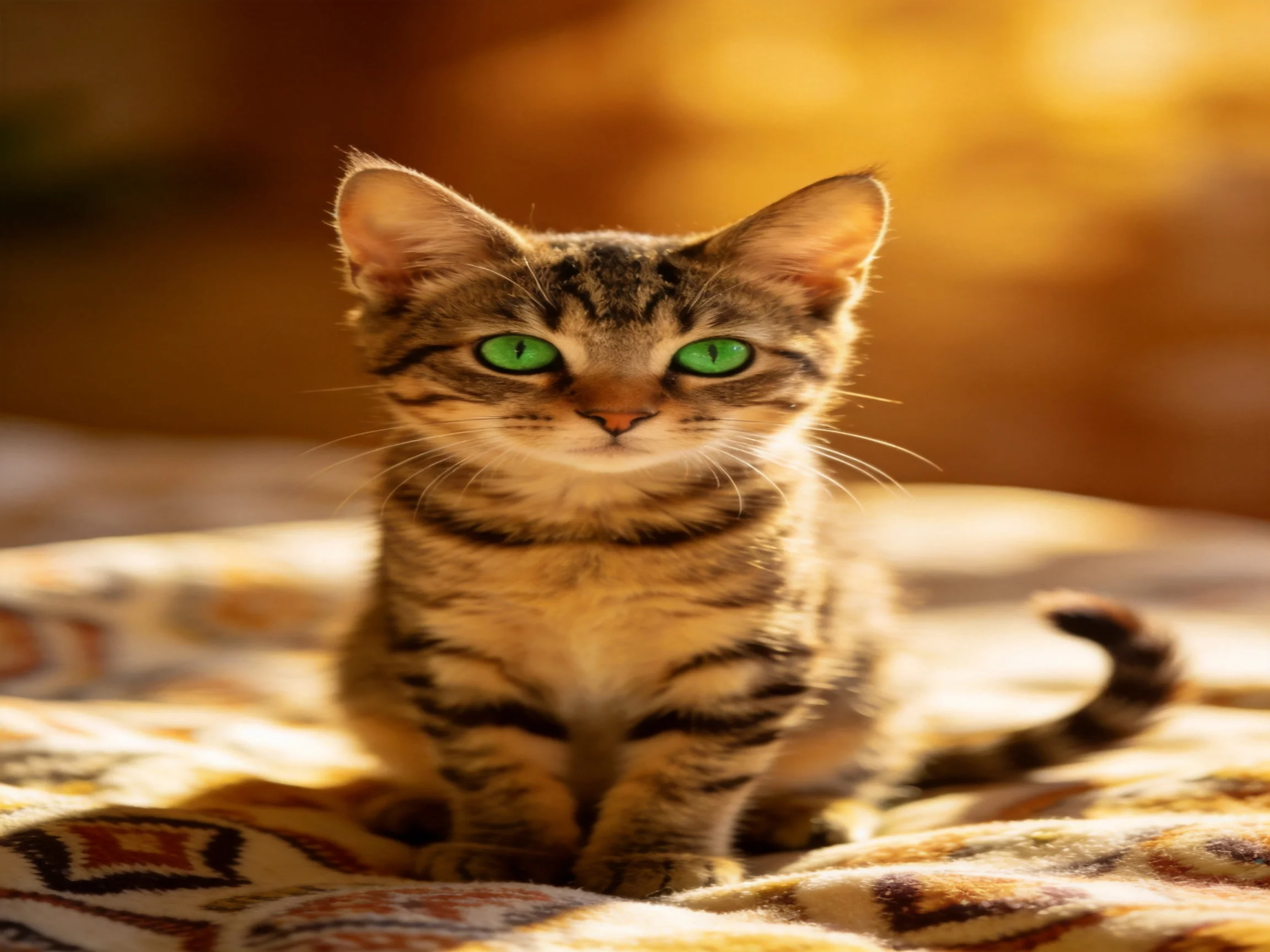 A small tabby kitten with bright green eyes sits on a patterned fabric in warm light.