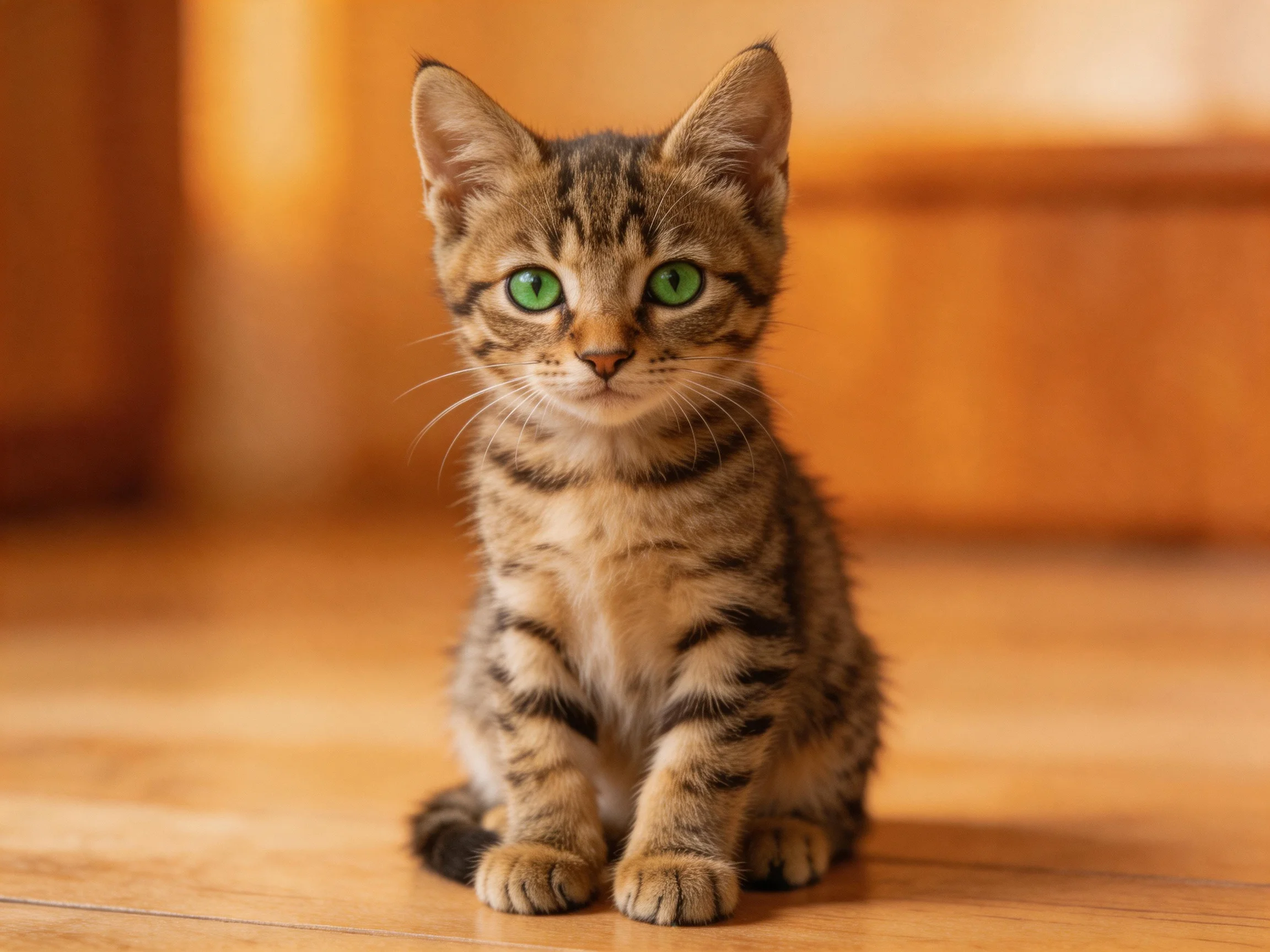 A small tabby kitten with bright green eyes sits calmly on a wooden floor
