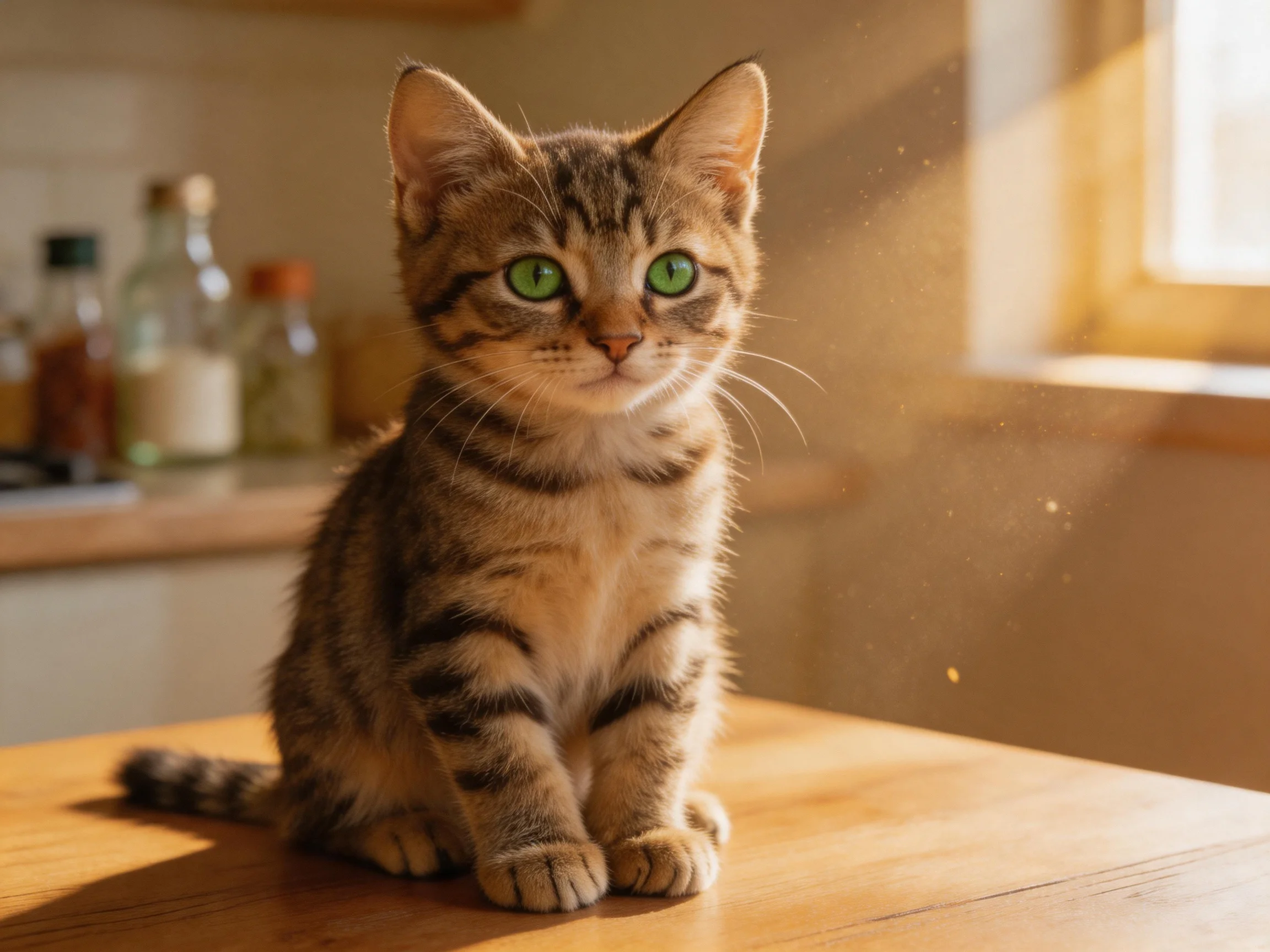 A small tabby kitten with bright green eyes sits calmly on a wooden surface in a sunlit room.