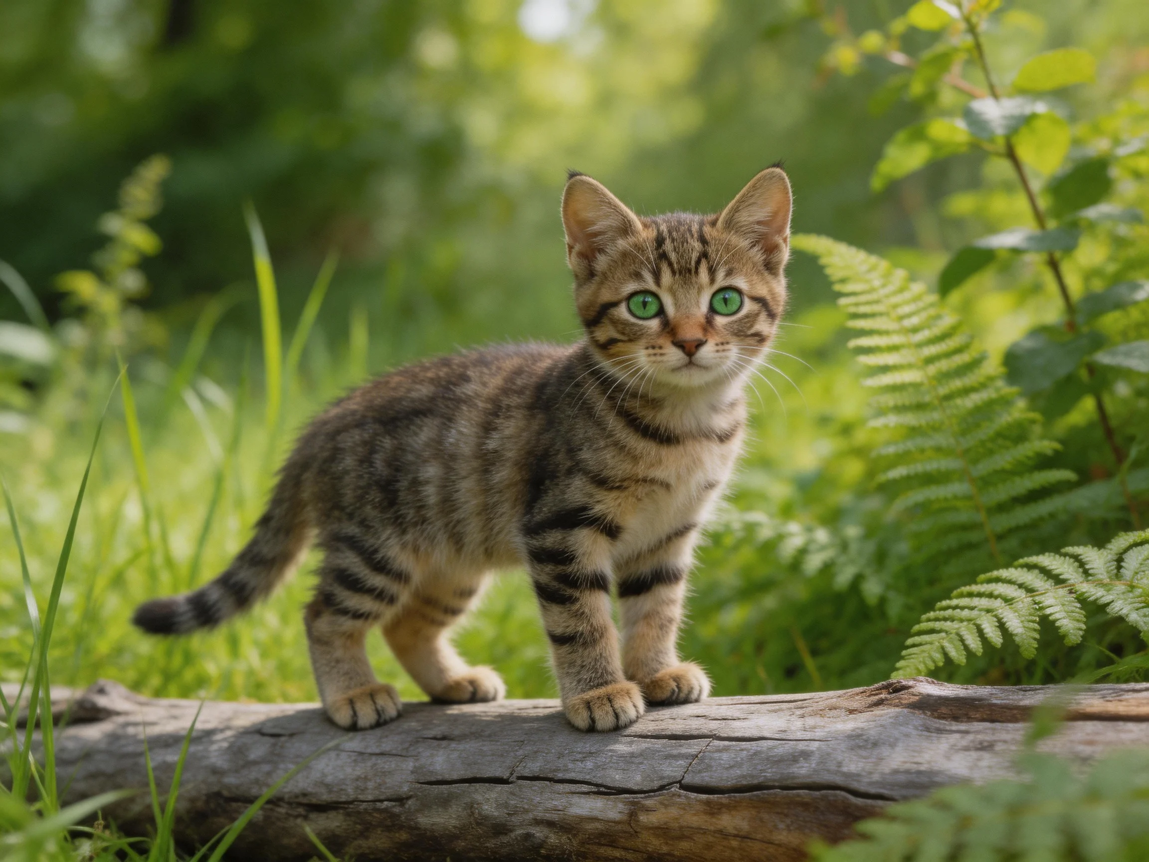 A small tabby kitten with green eyes stands on a log in a verdant outdoor setting.