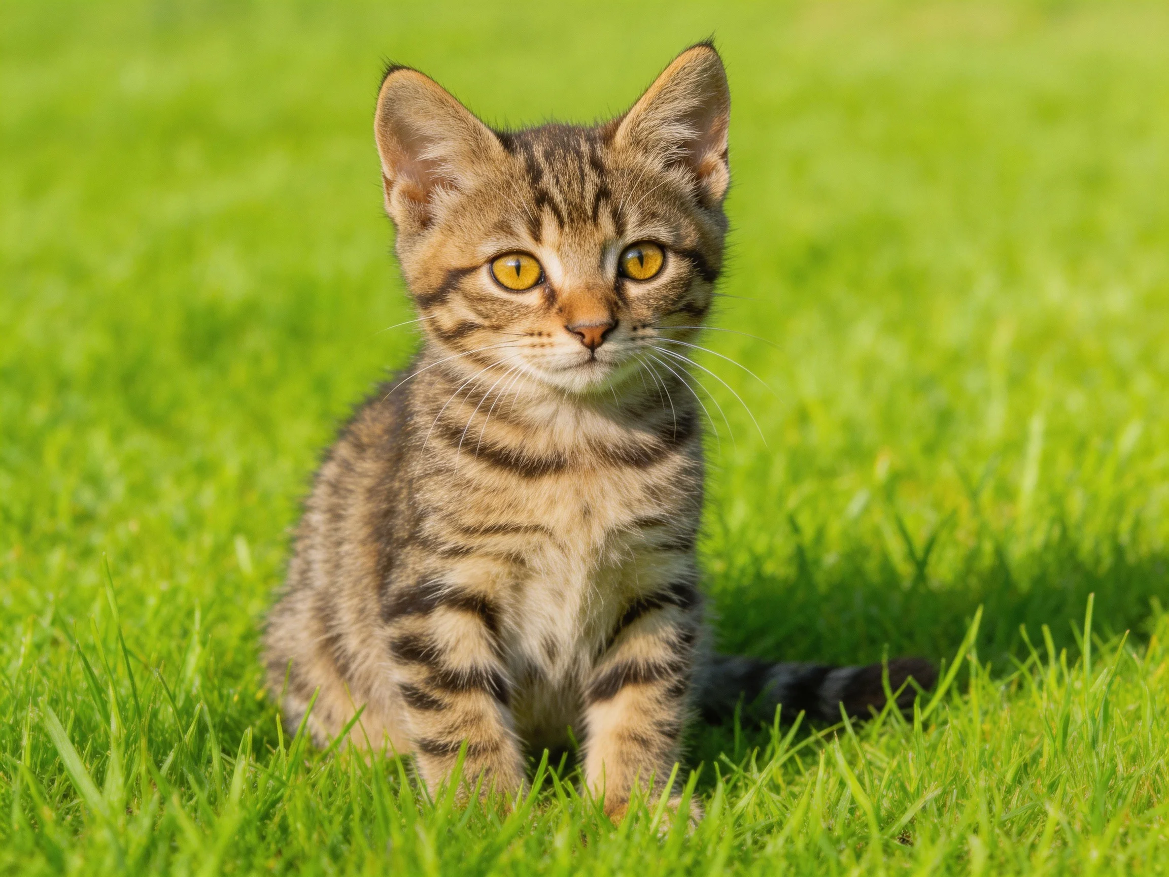 A small tabby kitten with golden eyes sits calmly in a sunlit grassy area.