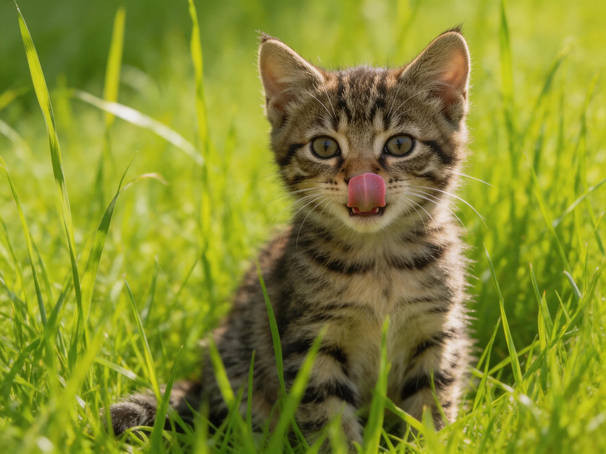 A small tabby kitten with tongue extended sits among tall green grass.