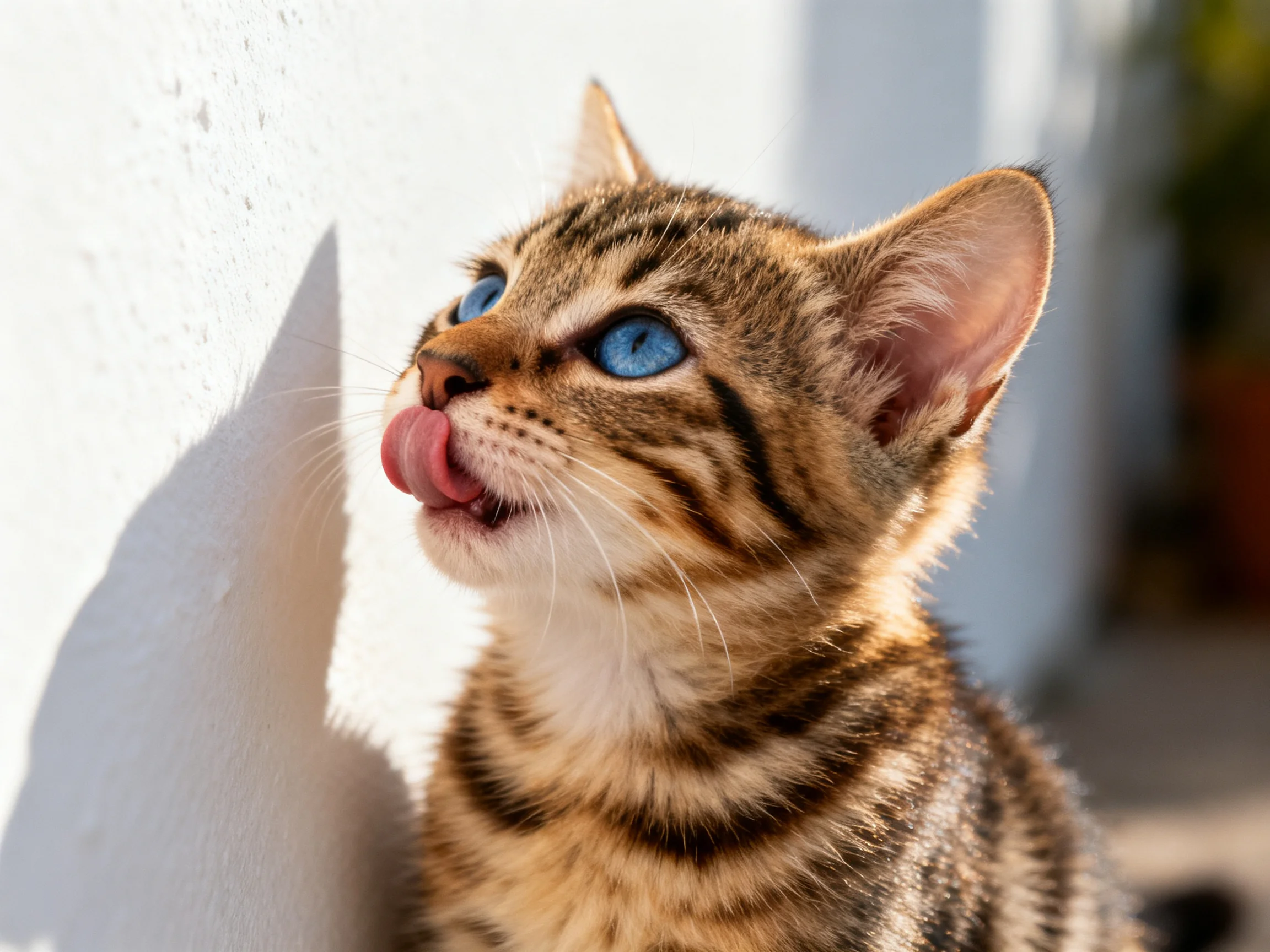 A young tabby kitten with blue eyes licks near a white wall in sunlight.
