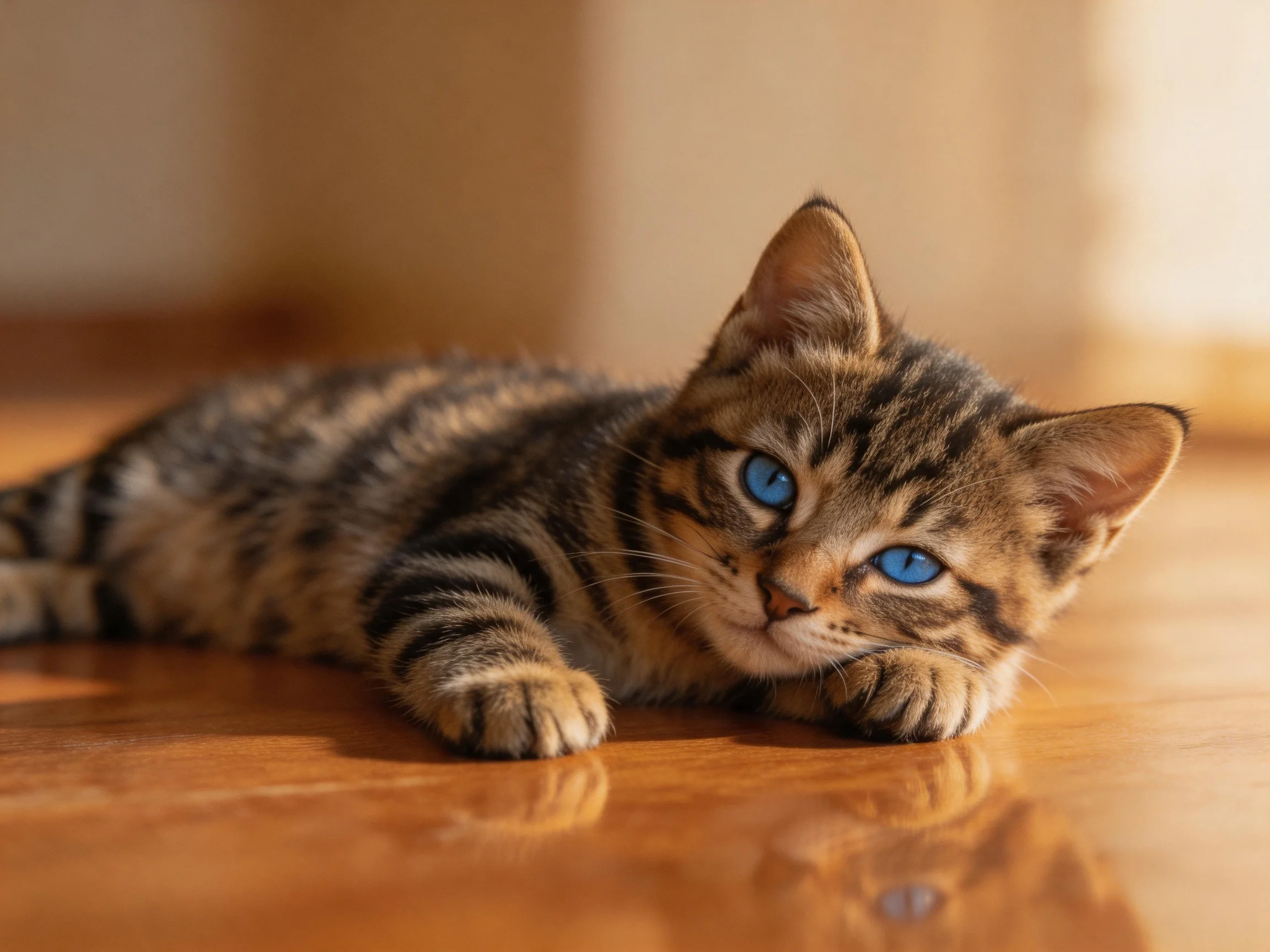 A small tabby kitten with bright blue eyes lounges on a shiny wooden floor.