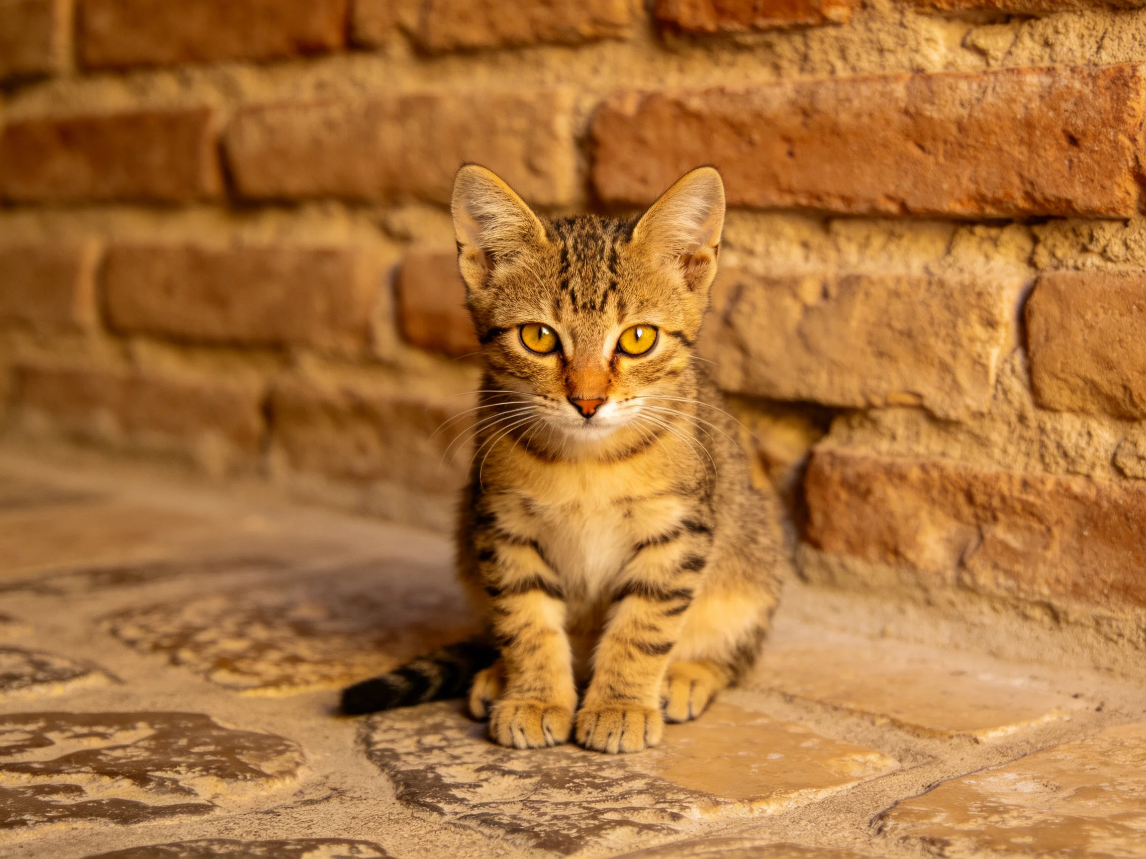A small tabby kitten sits calmly beside a weathered brown brick wall.