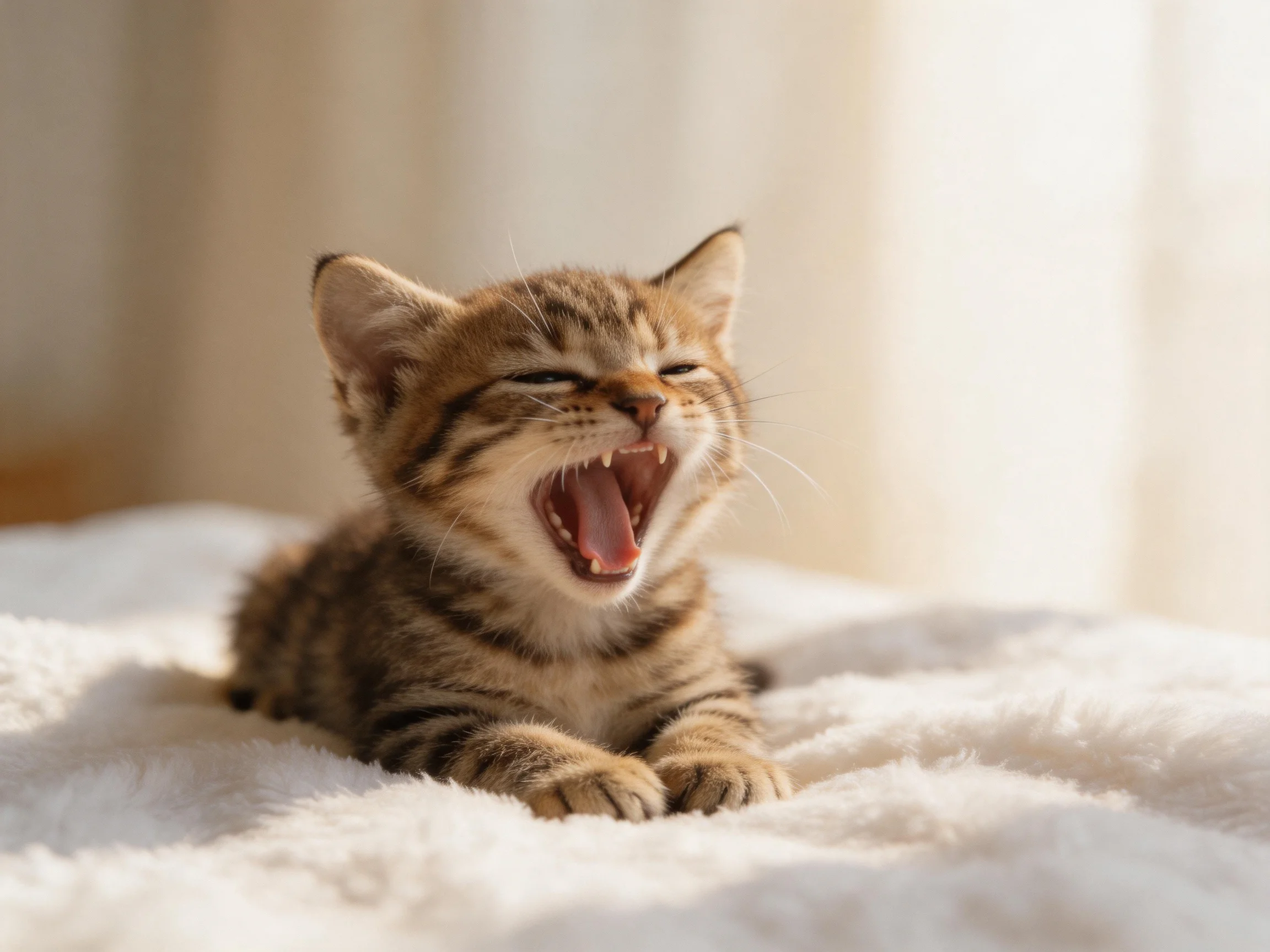 A small tabby kitten yawning on a plush white blanket in natural light