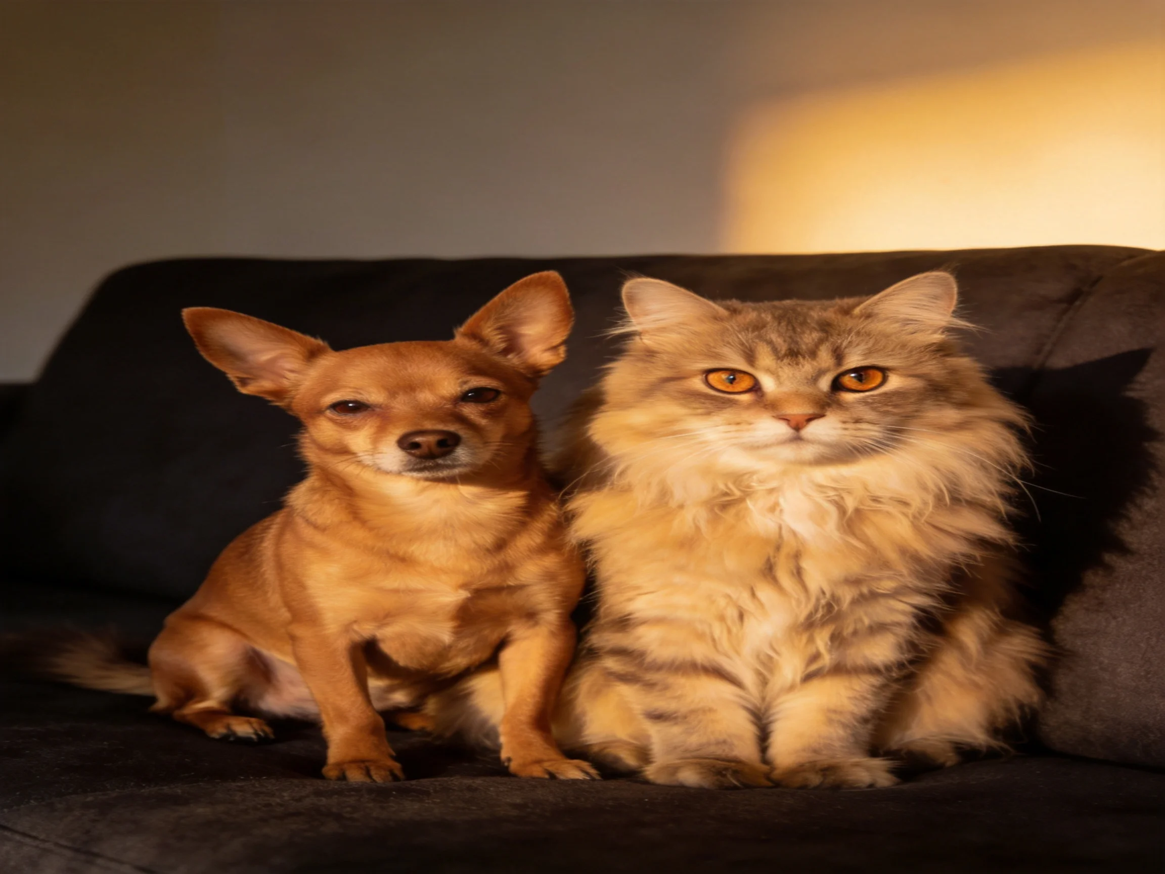 A small tan dog and a fluffy beige cat sit side by side on a dark couch.